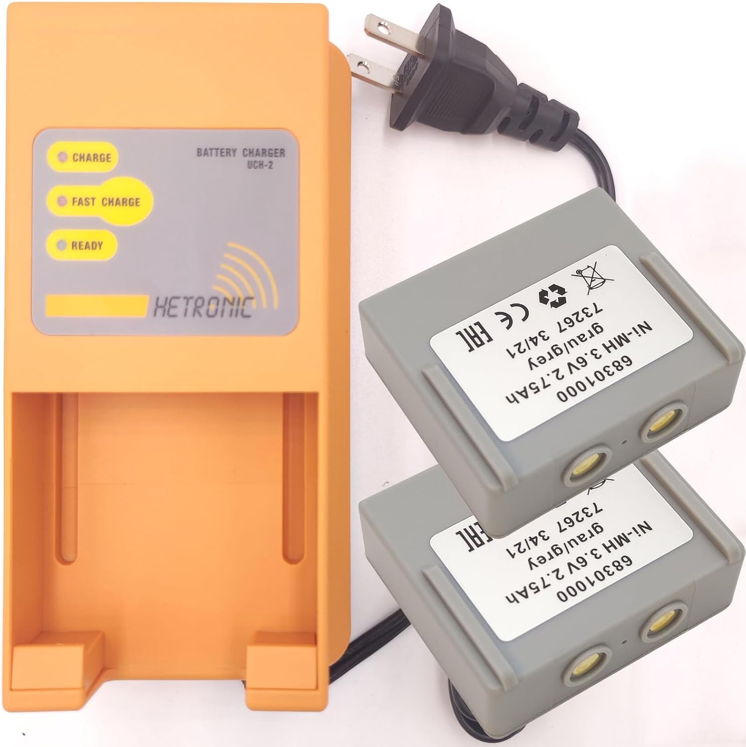 (1 Pack) 110V/220V AC Battery Charger UCH-2 with (2-Pack) 3.6V 2750mAh Hetronic 68301000 68300900 Batteries for HETRONIC Remote Control