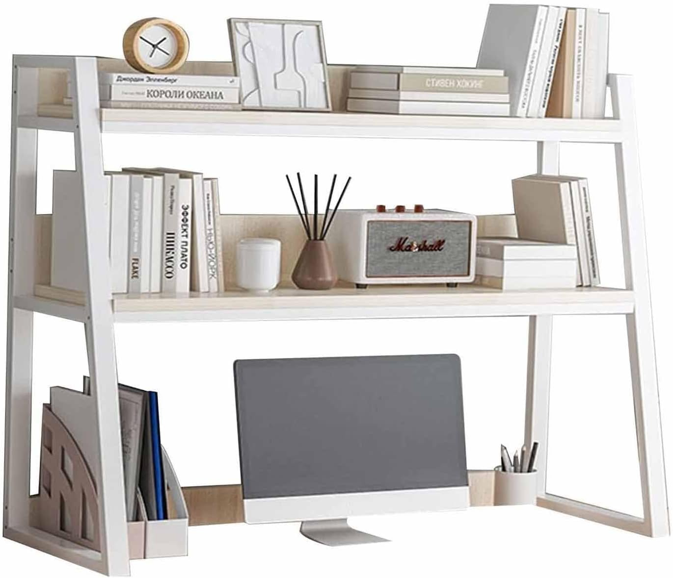 2-Tier Desktop Bookcase For Computer Desk - Desktop Bookshelf - DIY Book Shelf Office Bookshelf Freestanding Desk Organizer, Desk Shelf Organizer, Home Office Storage Display Holder Shelf(White,115X32