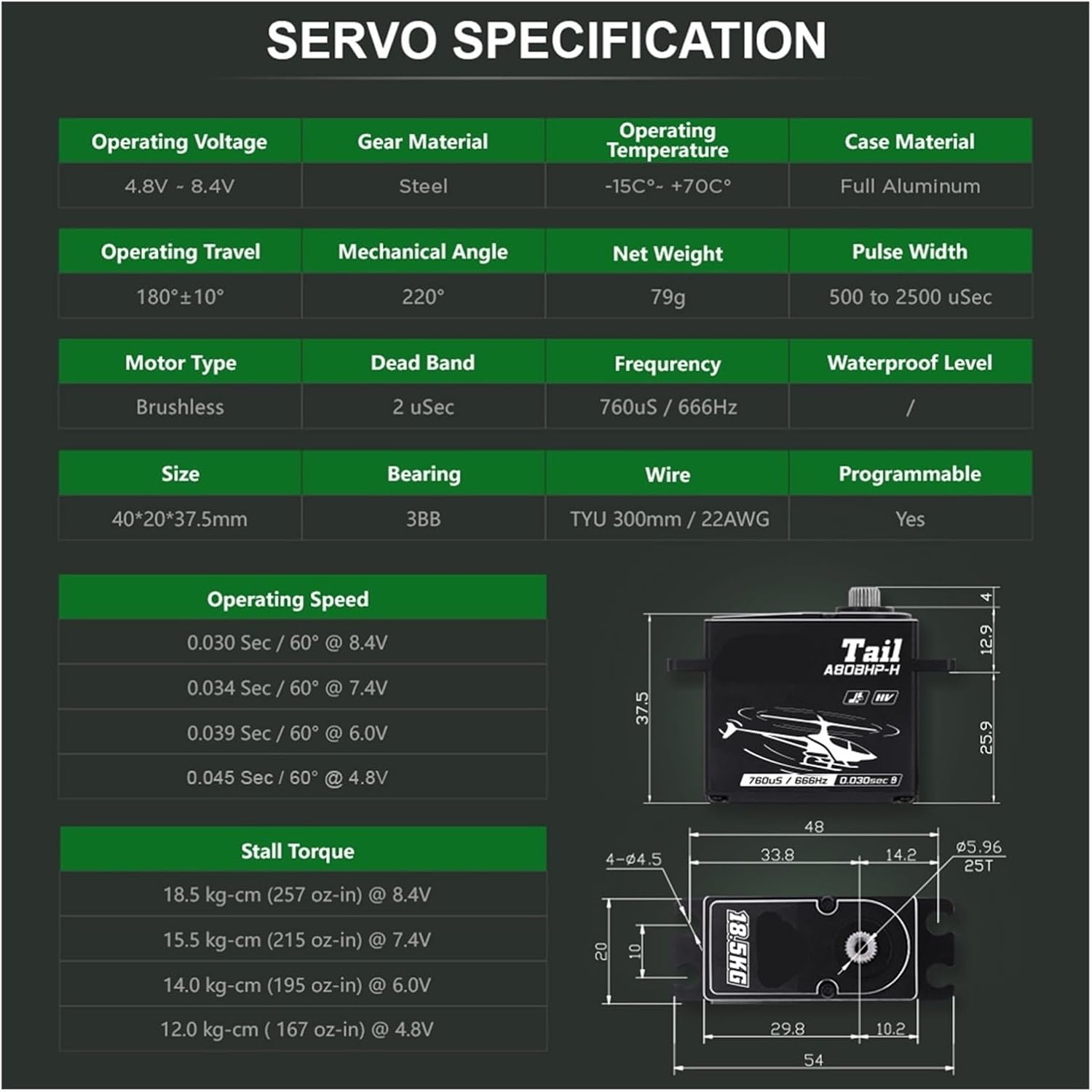 Servo A80BHP-H 18.5KG HV Fast Brushless Digital for RC 570-800 Size 450-700 Class Helicopters(A80BHP-H Tail Set 1)