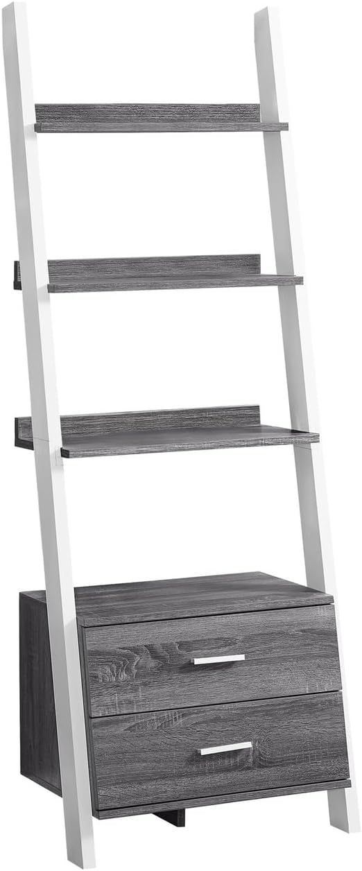 Jenvor Bookshelf Ladder 4 Tier 69H Grey and White Laminate Bookcase with 2 Drawers Silver Handles Tipping Hardware 26