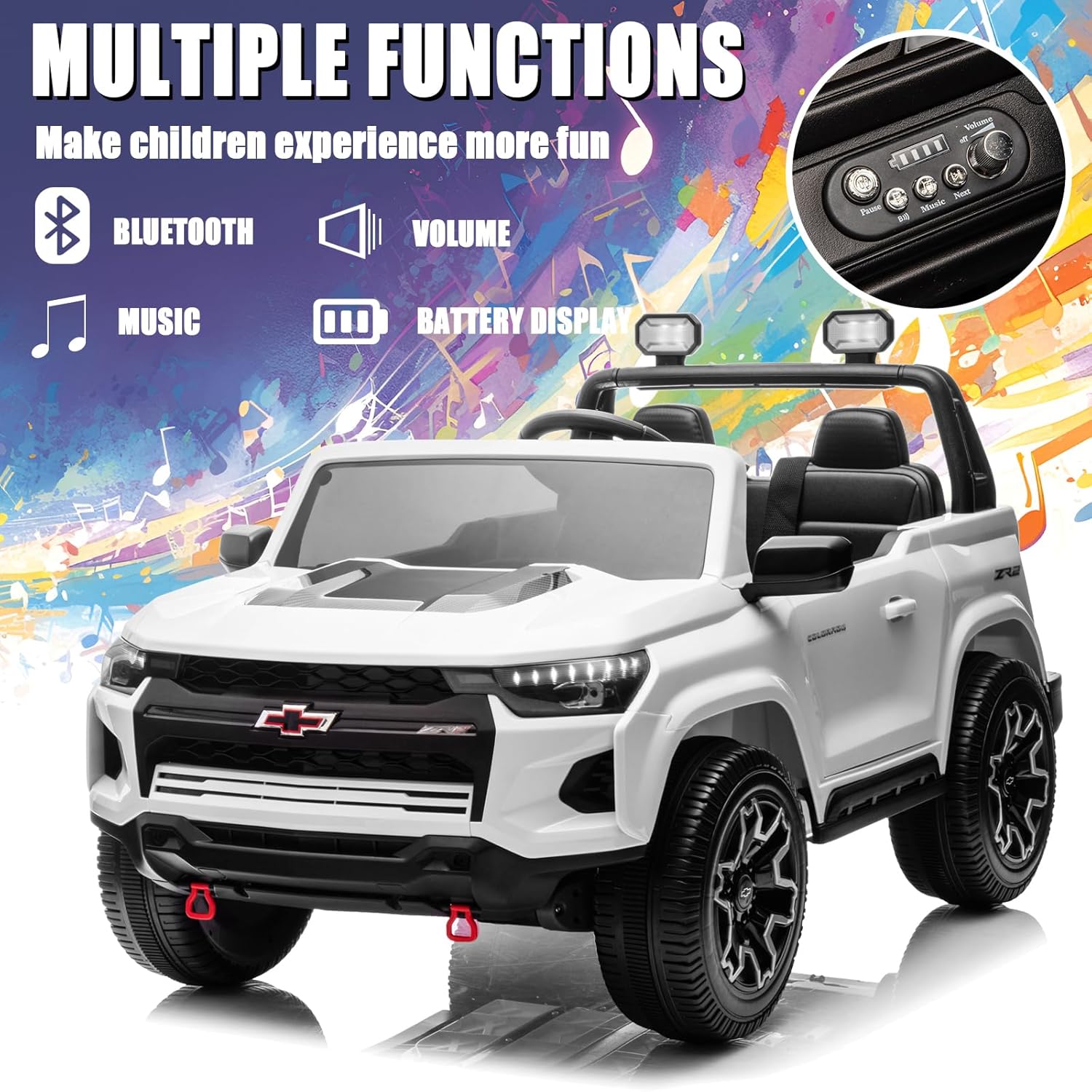 POSTACK Kids 24V 7Ah Kids Ride On Toy Car Chevrolet Official License 2 Seats Ride On Truck with Remote Control, LED Lights and Bluetooth Music Play Children Gifts for Girls and Boys Toy White