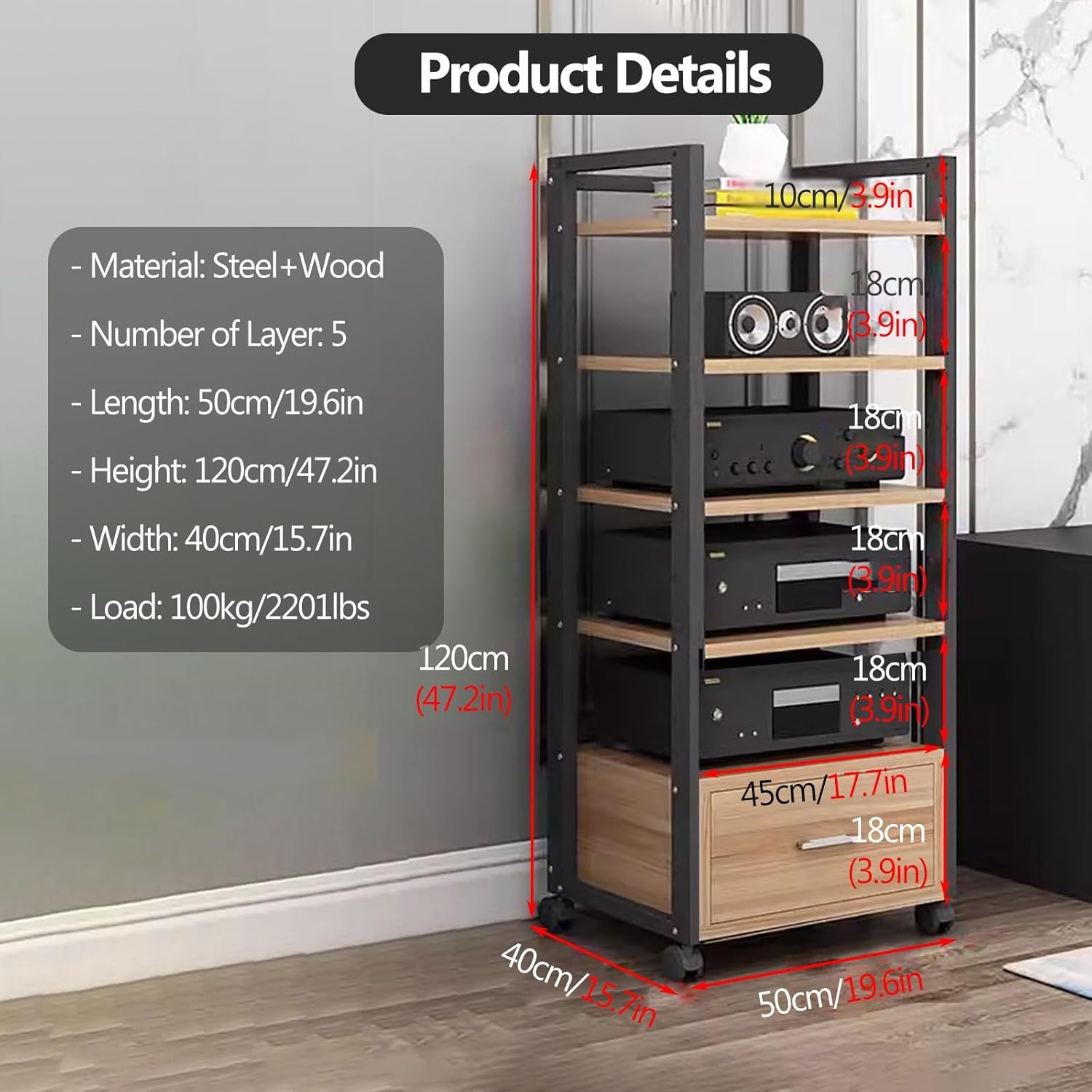 YLLFFLL 5-Tier AV Media Stand with Drawer - 120cm Tall Audio Rack Tower with Adjustable Heigth Shelves - Large Media Console Record Player Stand for Living Room Bedroom(Black-B)