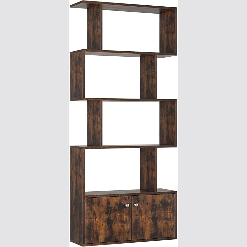 5-Tier Bookshelf with Doors Wooden Geometric Bookcase S-Shaped Display Shelf with Cabinet Rustic Brown