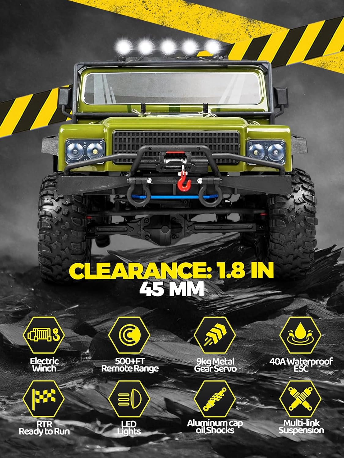 1:8 RC Cars for Adults – 4x4 Remote Control Car, Rugged Brushed Motor Electric Off-Road RC Rock Crawler with 2-Speed Transmission, Army Green All-Terrain RC Trucks, Ready-to-Run RTR Set