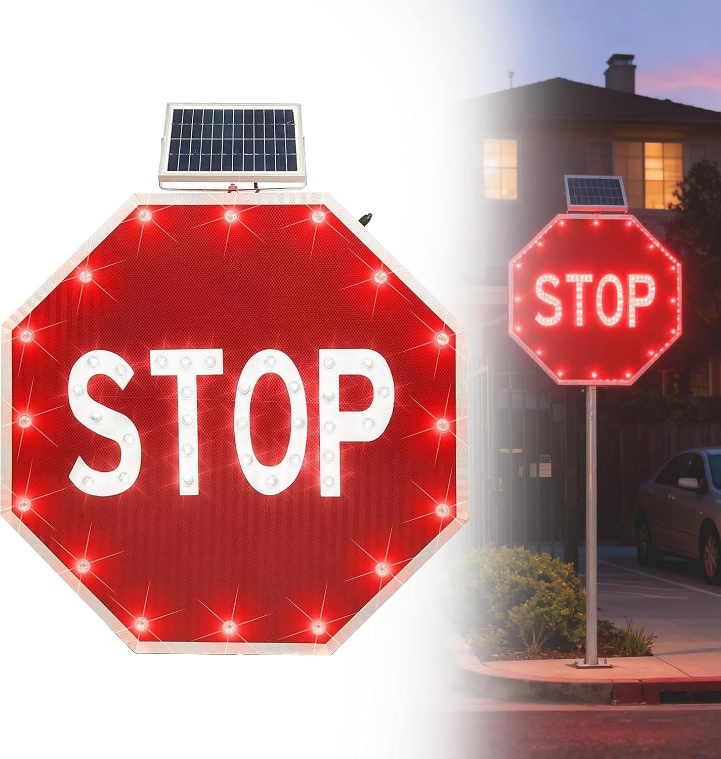 30x30 Inch Solar LED Traffic Sign, Illuminated Flashing Warning Sign Board, Lighted Lend Stop Road Sign for Increased Visibility & Safety