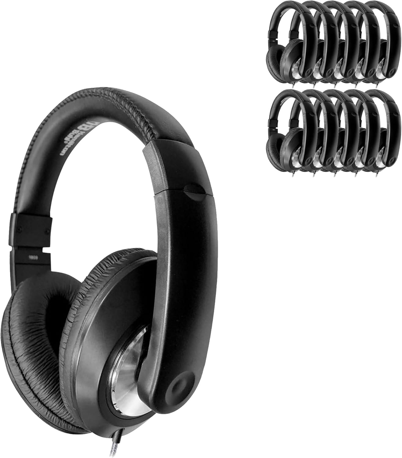 HamiltonBuhl Smart‑Trek Deluxe Over‑Ear Headphones 50‑Pack, In‑Line Volume Control, USB Plug, Leatherette Cushions, Durable Dura‑Cord, Adjustable Headband – Black (ST1BKU)