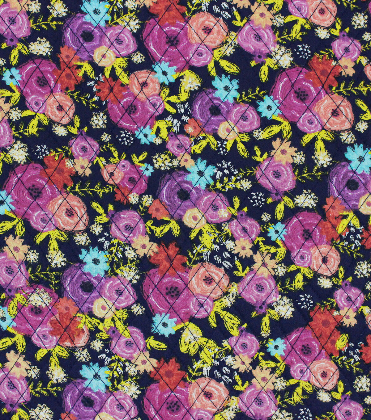 Navy Floral Double Faced Pre Quilted Cotton Fabric