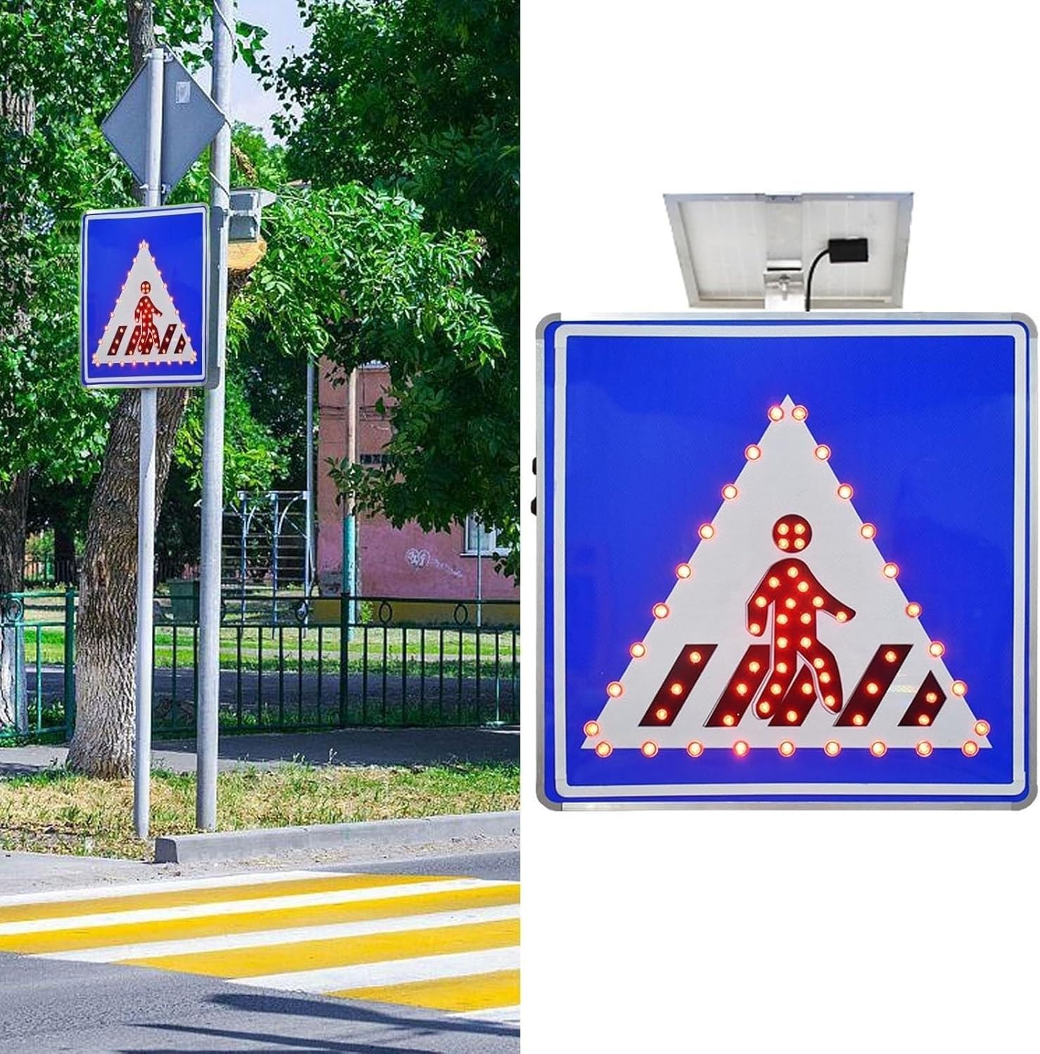 Solar LED Flashing Crosswalk Lights and Accessories, Traffic Safety Crosswalk Signs - Aluminum, Reflective