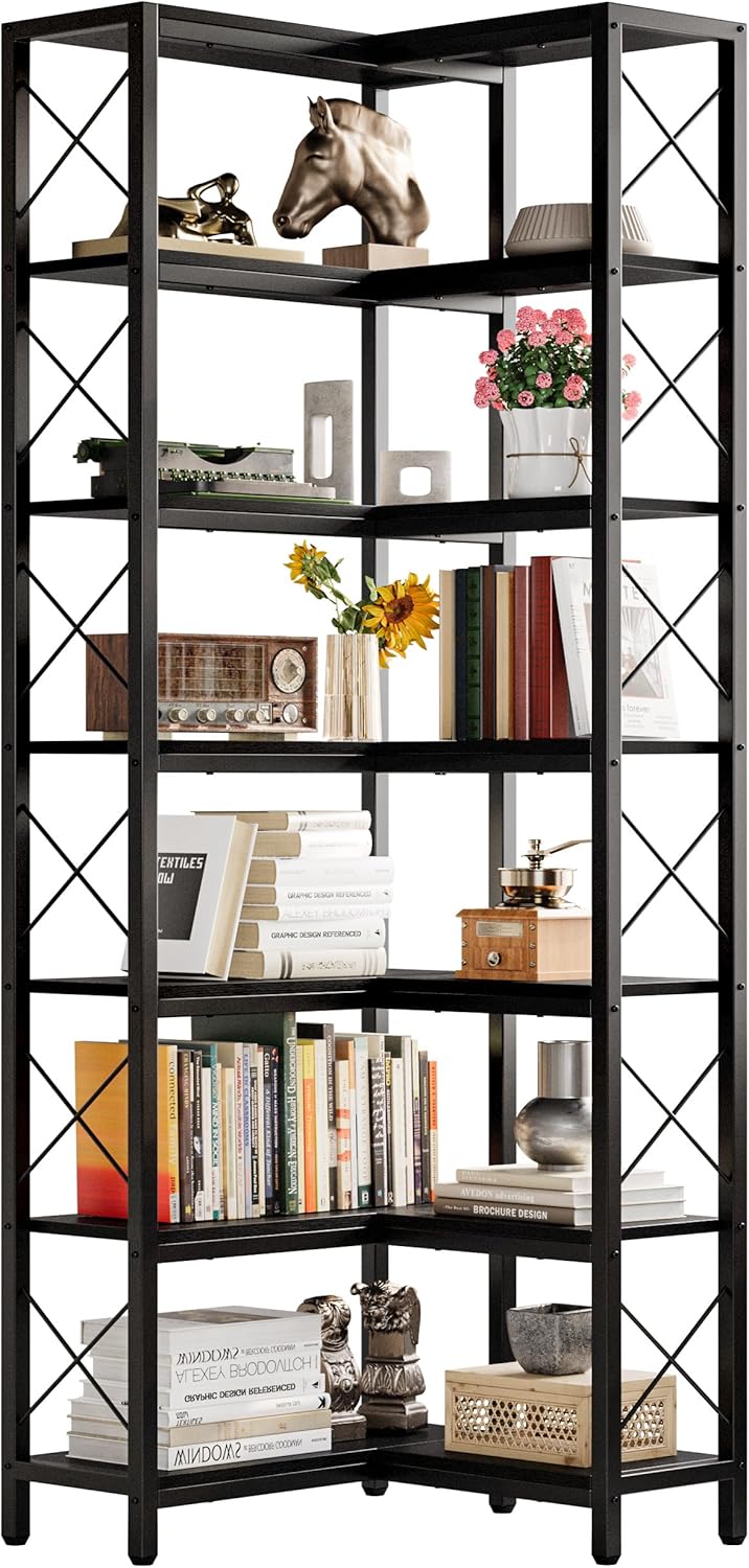 IRONCK Corner Bookshelf, 7-Tier Industrial Corner Bookcase, Tall Corner Shelf Storage Display Rack with Metal Frame for Living Room Home Office, Black