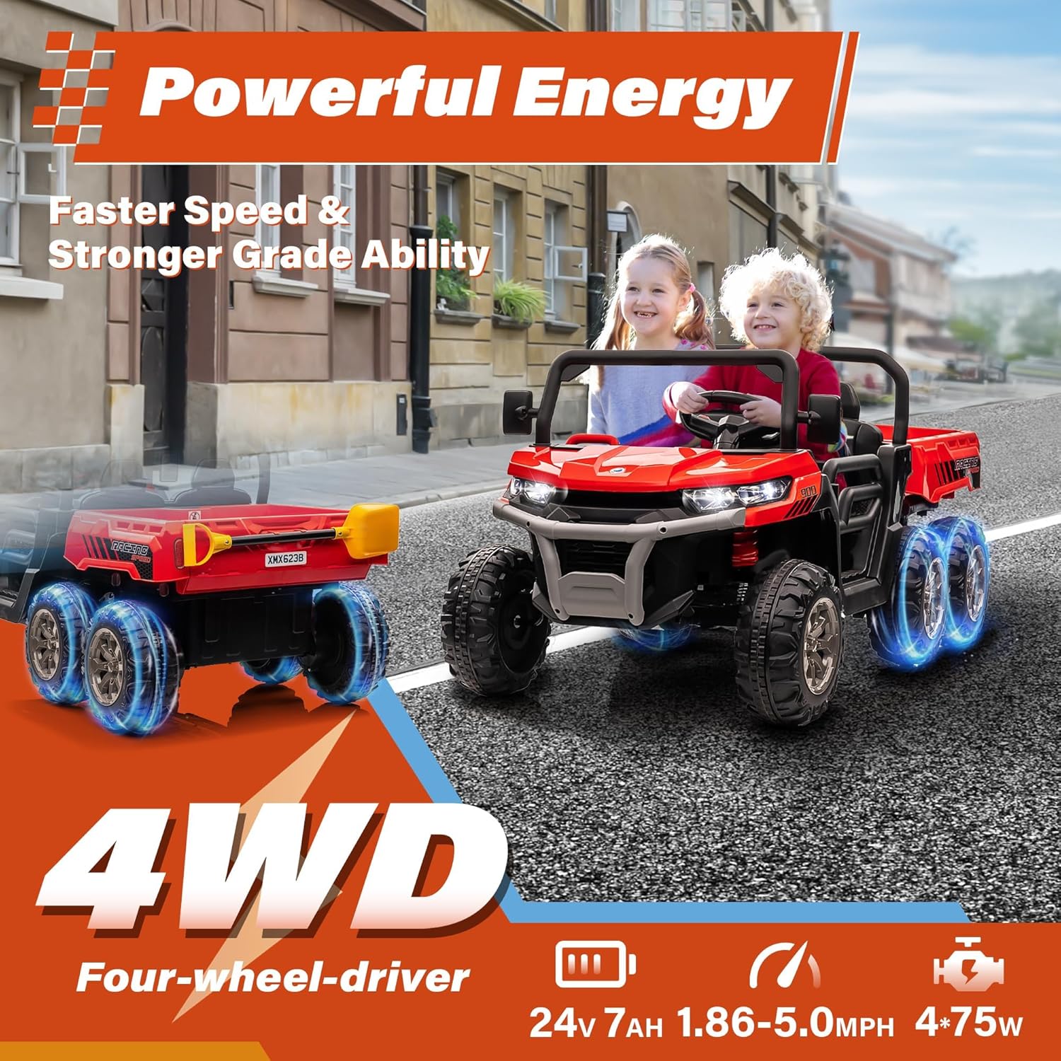 Joyracer 24V Ride on Toys, 2 Seater 6-Wheel UTV Car, 4WD Ride on Dump Truck for Big Kids with Trailer Remote Control, Red