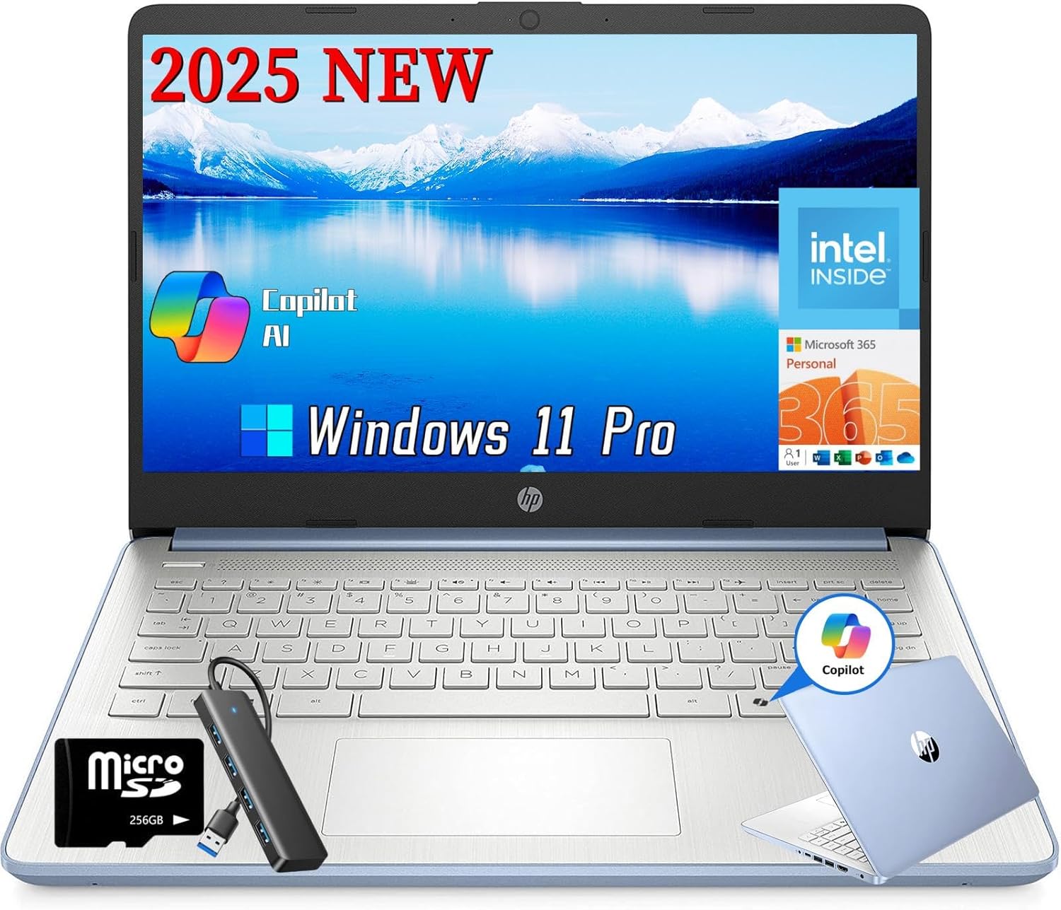 HP 2025 14 Inch Student Business Laptop, Intel Processor N150, 16 GB RAM, 384 GB Storage(128GB UFS+256GB MSD), Copilot Key, AI Powered, 1 Year Office 365, Windows 11 Pro, Sky Blue, w/Accessories