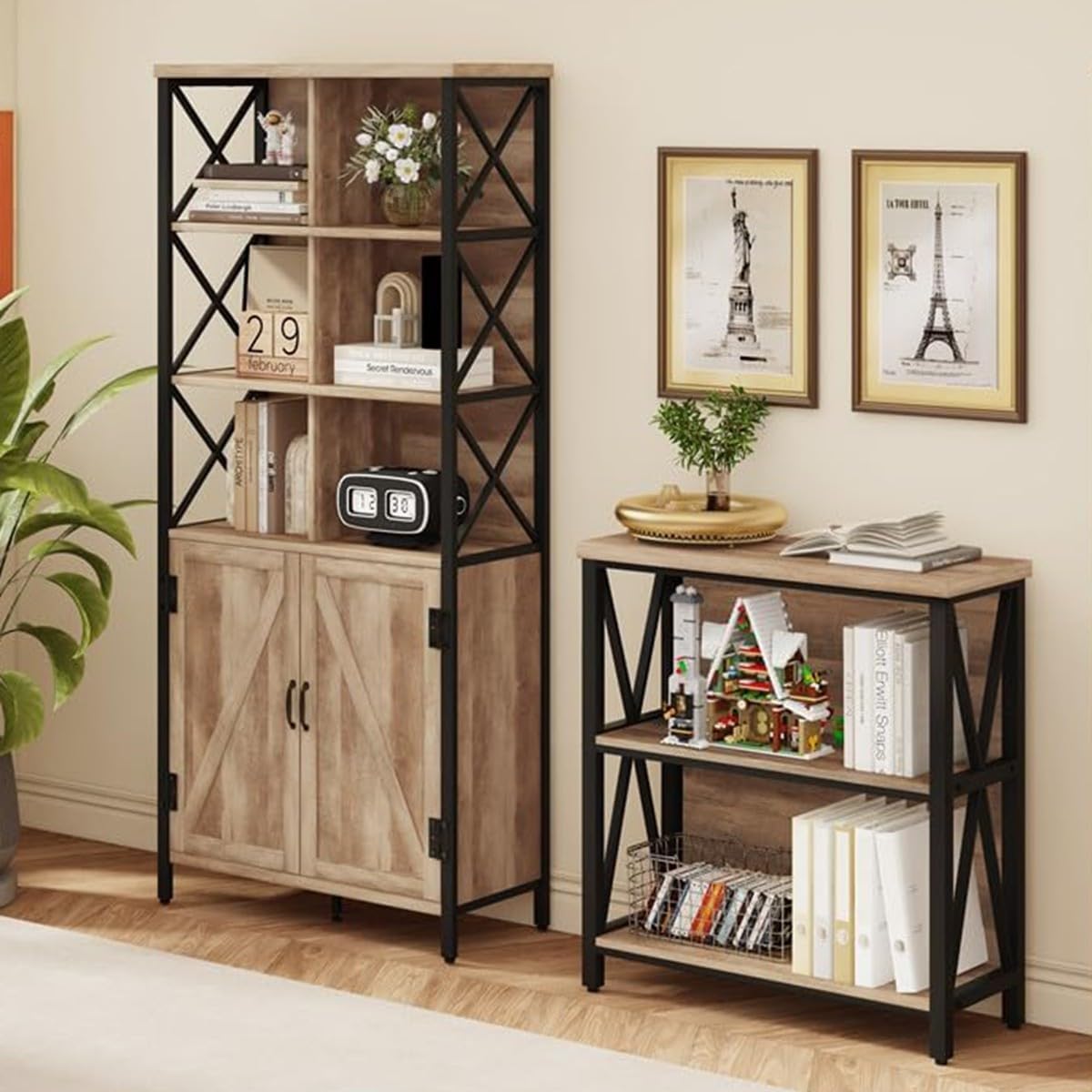 FATORRI Bookcase with Doors and Small Bookshelf (Rustic Oak)