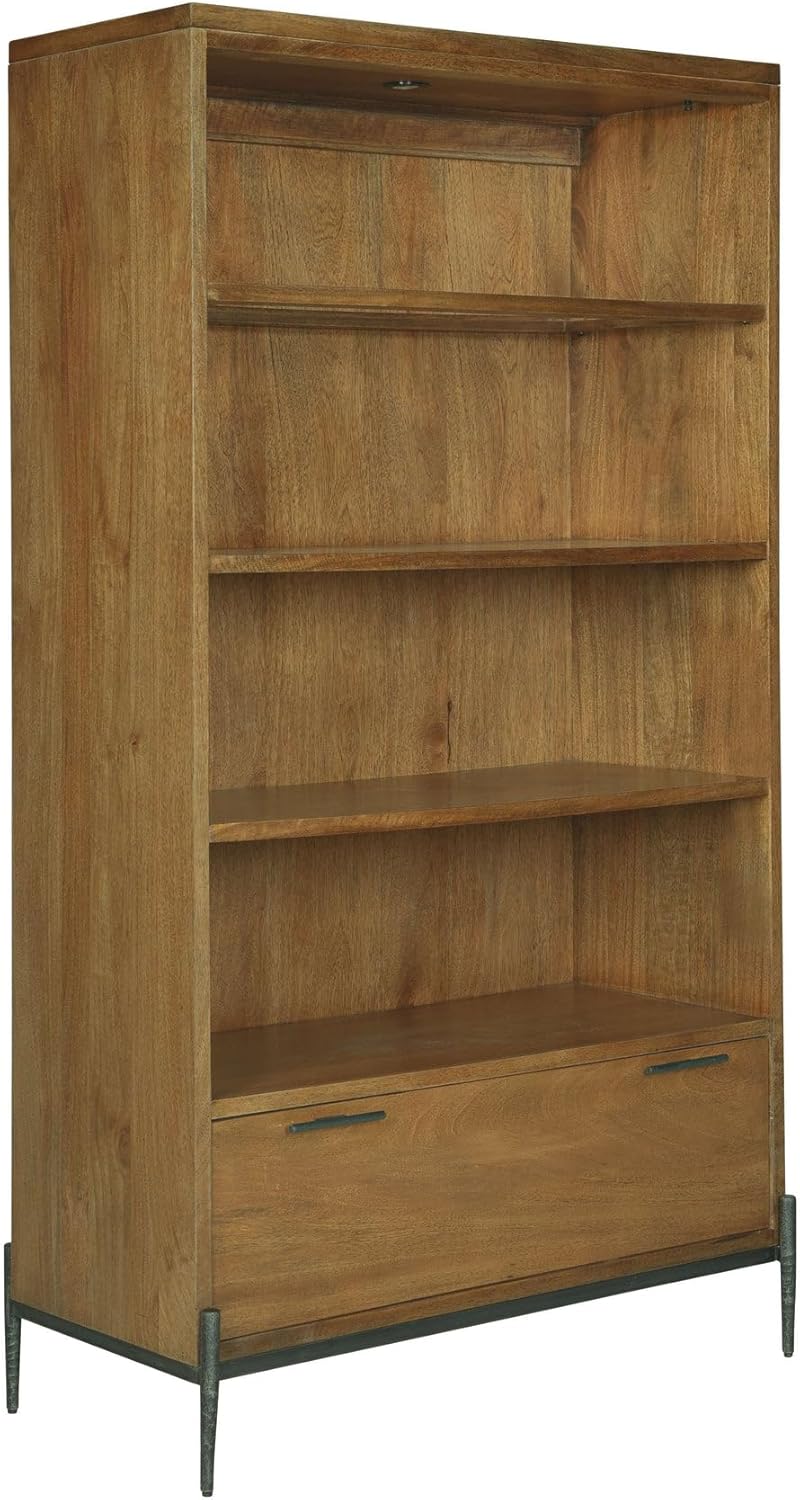 Hekman Furniture Bedford Park Center Bookcase - Adjustable Glass Shelf, File Drawer, Wood Construction, Illuminated Display, Charcoal Iron Hardware Modern Storage for Home Office & Living Room