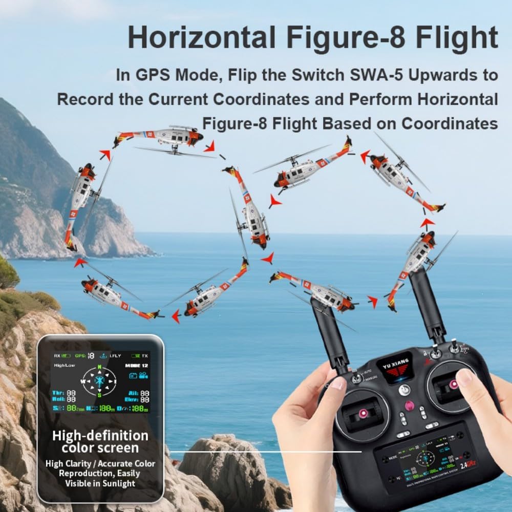 Hanll F07S GPS UH-1 Huey Professional-Grade RC Helicopter – Dual Brushless Motors, GPS & Optical Flow Positioning, Altitude Hold, 8CH HD Display Transmitter, Type-C Charging, for Adults