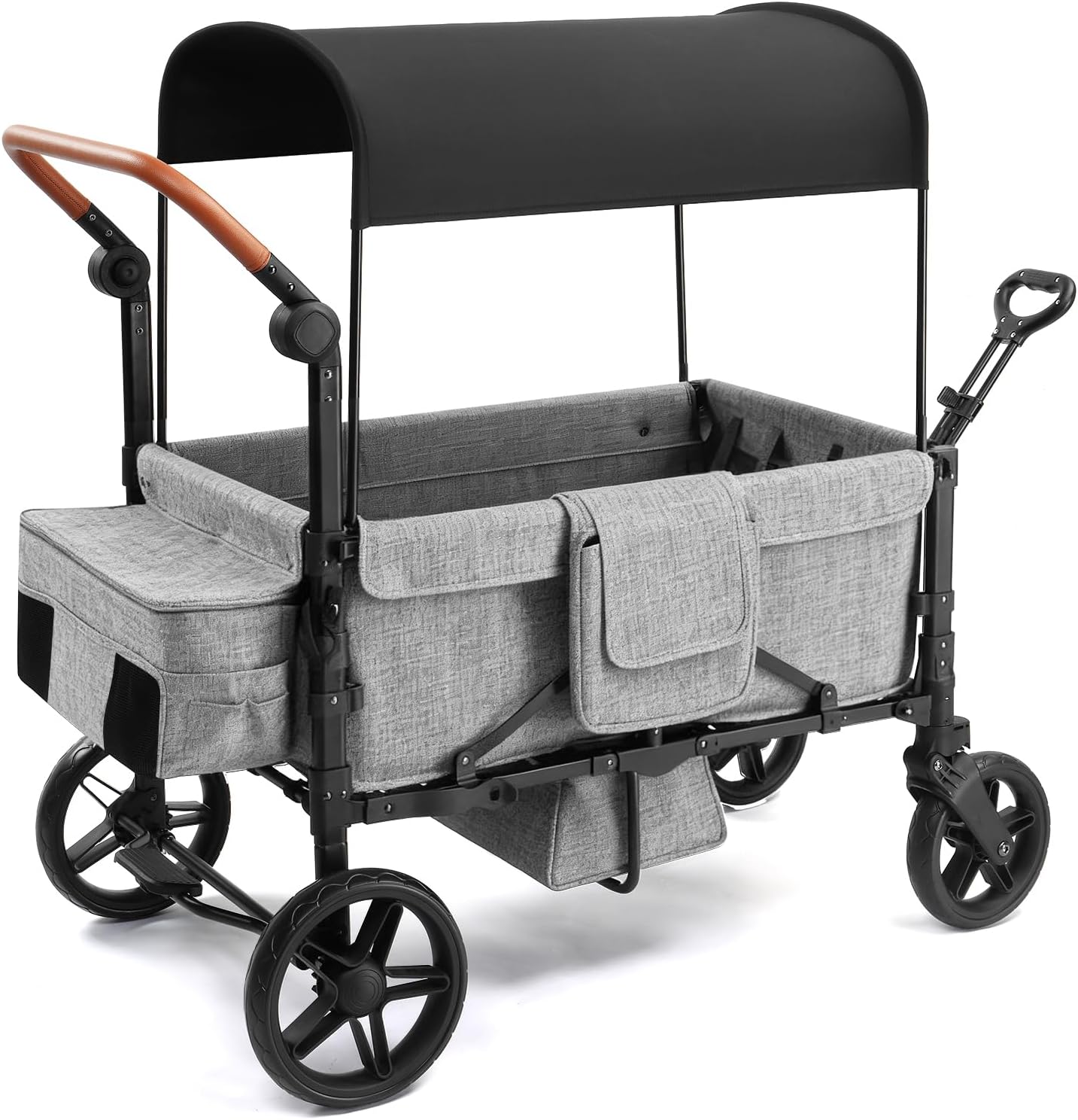 Stroller Wagon for 4 Kids, Foldable All Terrain Wagon for Kids, with Removable Canopy, Adjustable Push and Pull Handle, 5 Point Harnesses, Large Storage Bag (Gray)