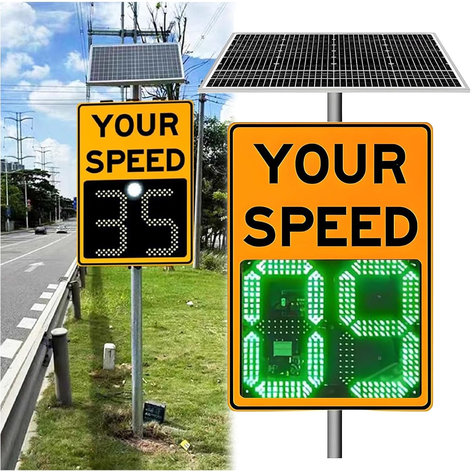Solar Radar Speed Limit Sign with Full Accessories, Remote Control Adjustable Speed Limit Sign with Radar and Camera, Easy Mount Weatherproof Road Safety Traffic Signs Orange-23.6×35.4in/60x90cm