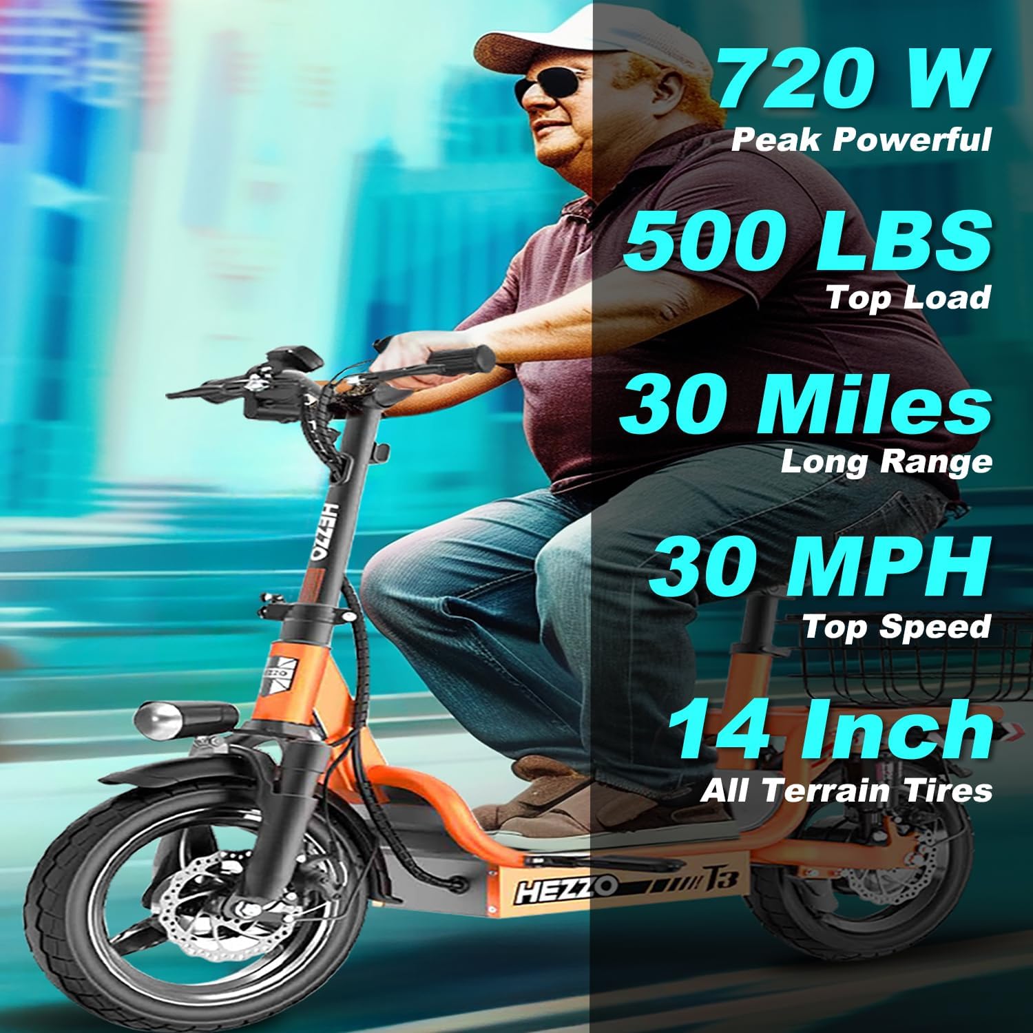 Electric Scooter for Adults Teens, Heavy Duty Escooter with Seat – 500 LBS Capacity, 25MPH, 30-Mile Range, 720W Motor, Dual Suspension E Scooter, Foldable Powered Mobility Scooter with Basket
