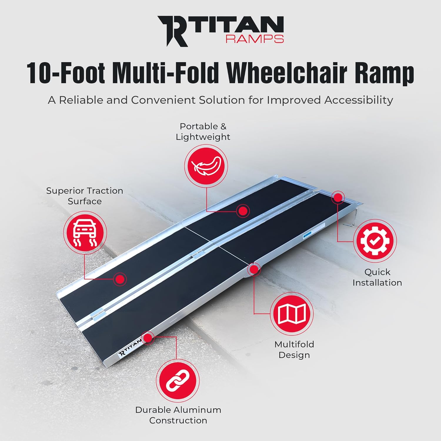 Titan Ramps Multi-Fold Wheelchair Ramp, 10 Foot Folding Aluminum Scooter Ramp, 600 Pound Capacity
