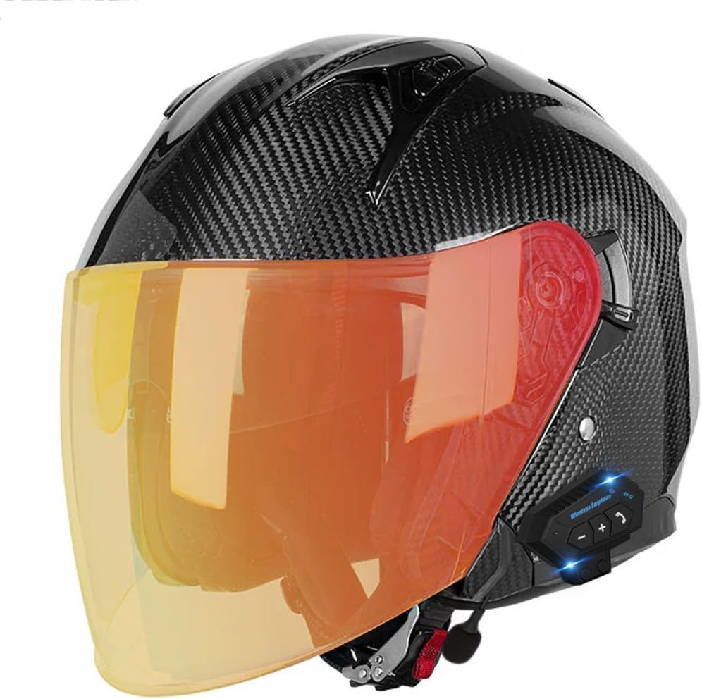 Carbon Fiber Bluetooth Motorcycle Helmets for Men Women,DOT Approved Half Face Flip up Helmet with Dual Visors,Open Face Motorbike ATV Helmet for Dirt Bike Racing Motocross Casco