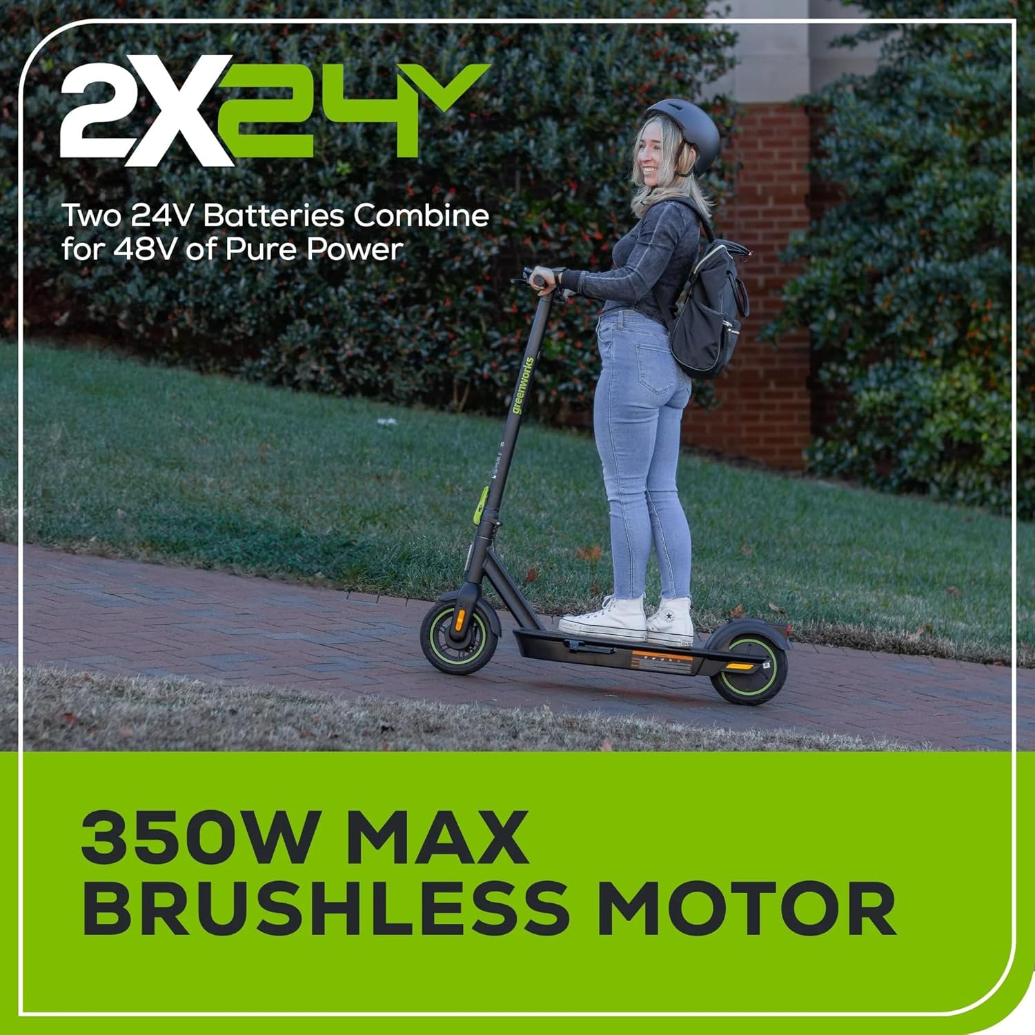 Greenworks 2x24V Electric Scooter for Adults, 350W Rear Hub Motor, 10