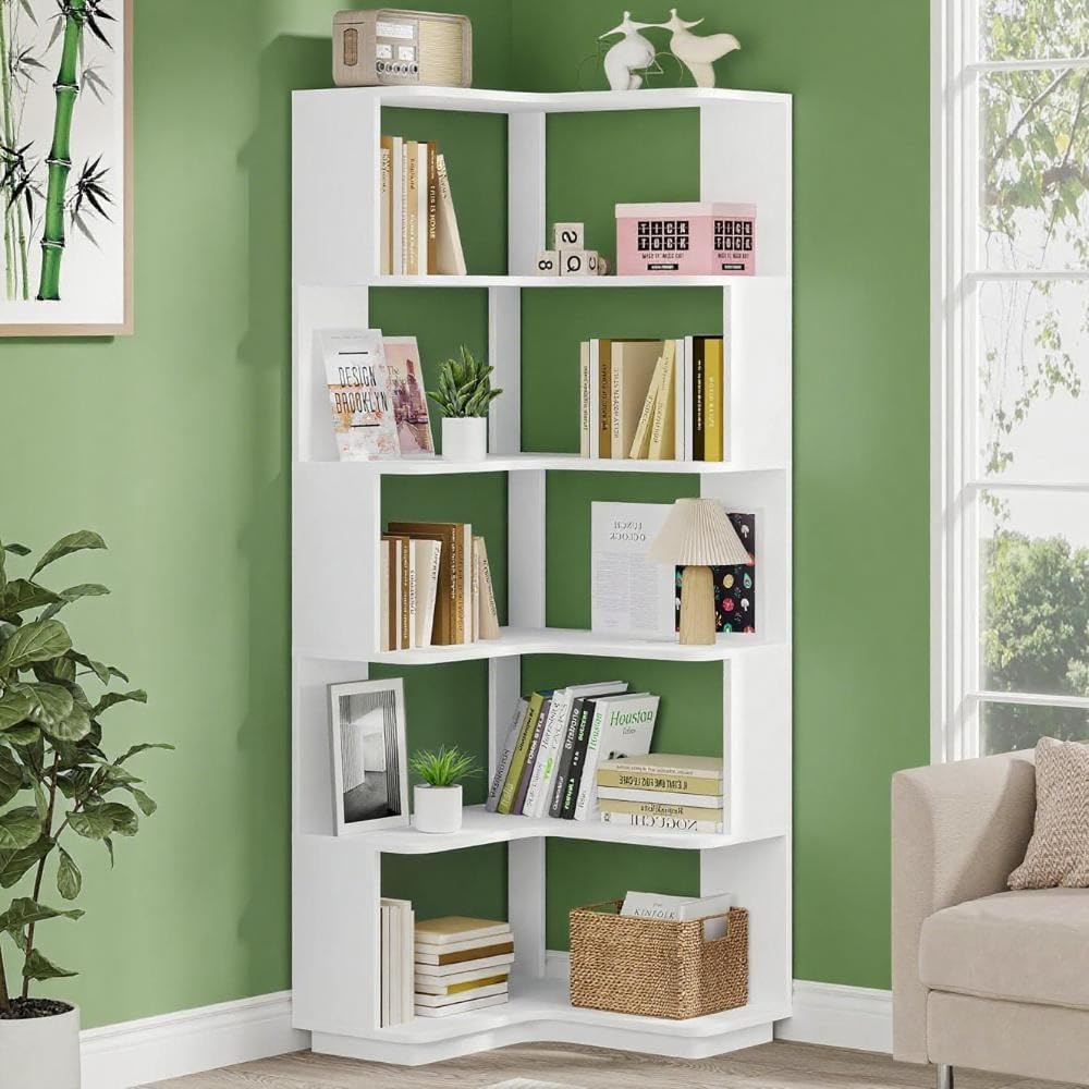 Kaireey 6-Tier Corner Bookshelf, 64.9 Inch Tall L-Shaped Bookcase with Anti-Drop Panels, Modern Freestanding Storage Shelf for Living Room, Home Office, White