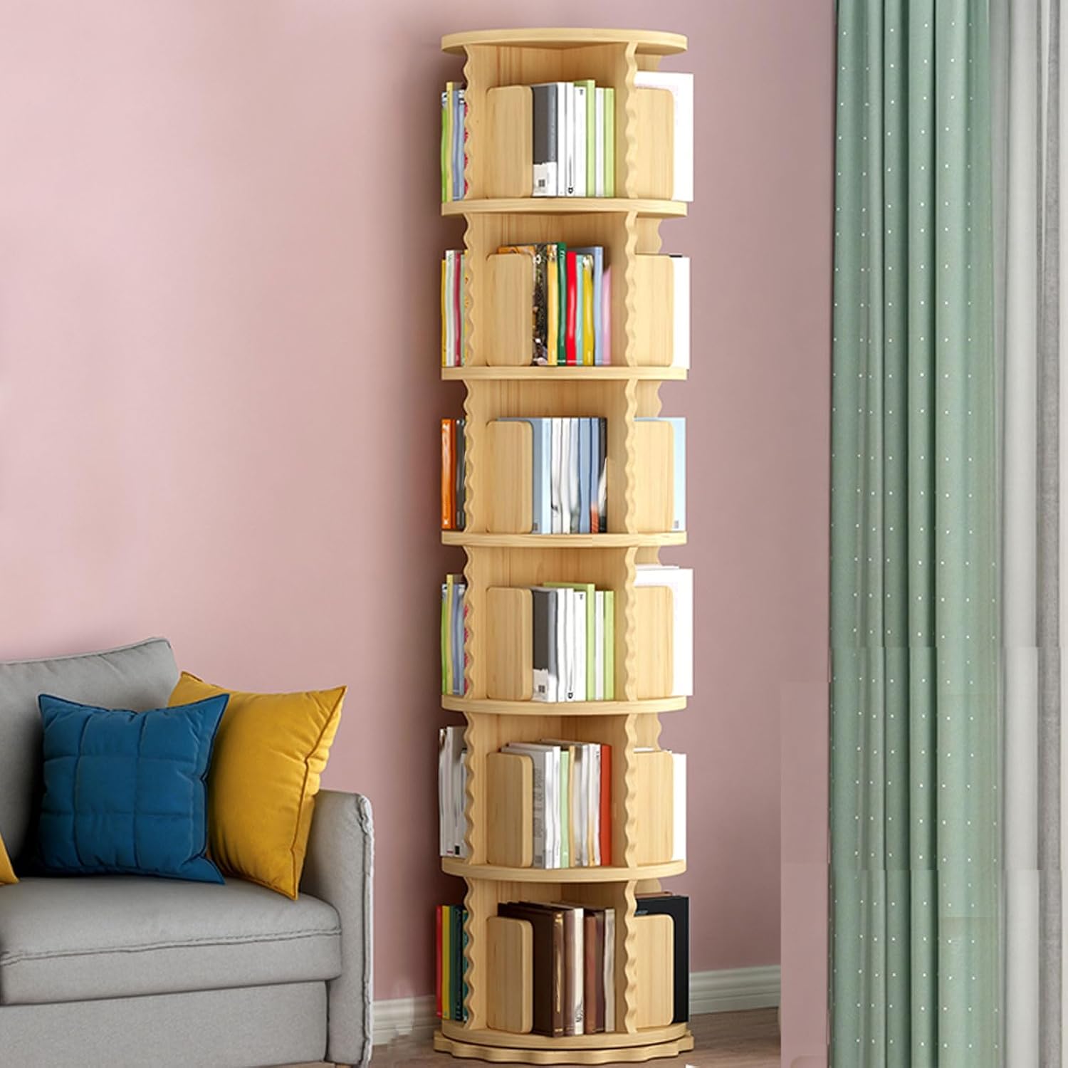 Circular Bookshelf Standing, with Open Design Storage Rack, Stackable Bookshelf Standing Bookcase Book Organizer Storage Shelf Wooden Bookshelves Easy Assemble for Bedroom Study Room ( Size : 6 layer-