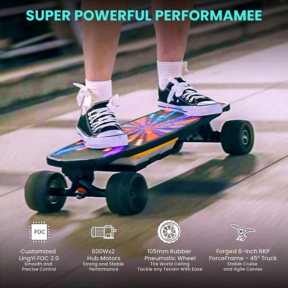 Electric Skateboard with Remote, Max 600W×2 Hub-Motors, Swappable Battery, Up to 28 MPH, 12–25 Miles Range, 4 Speed Modes, Electric Longboard for Adults & Beginners (Flamo / S3 / Pixel Series)