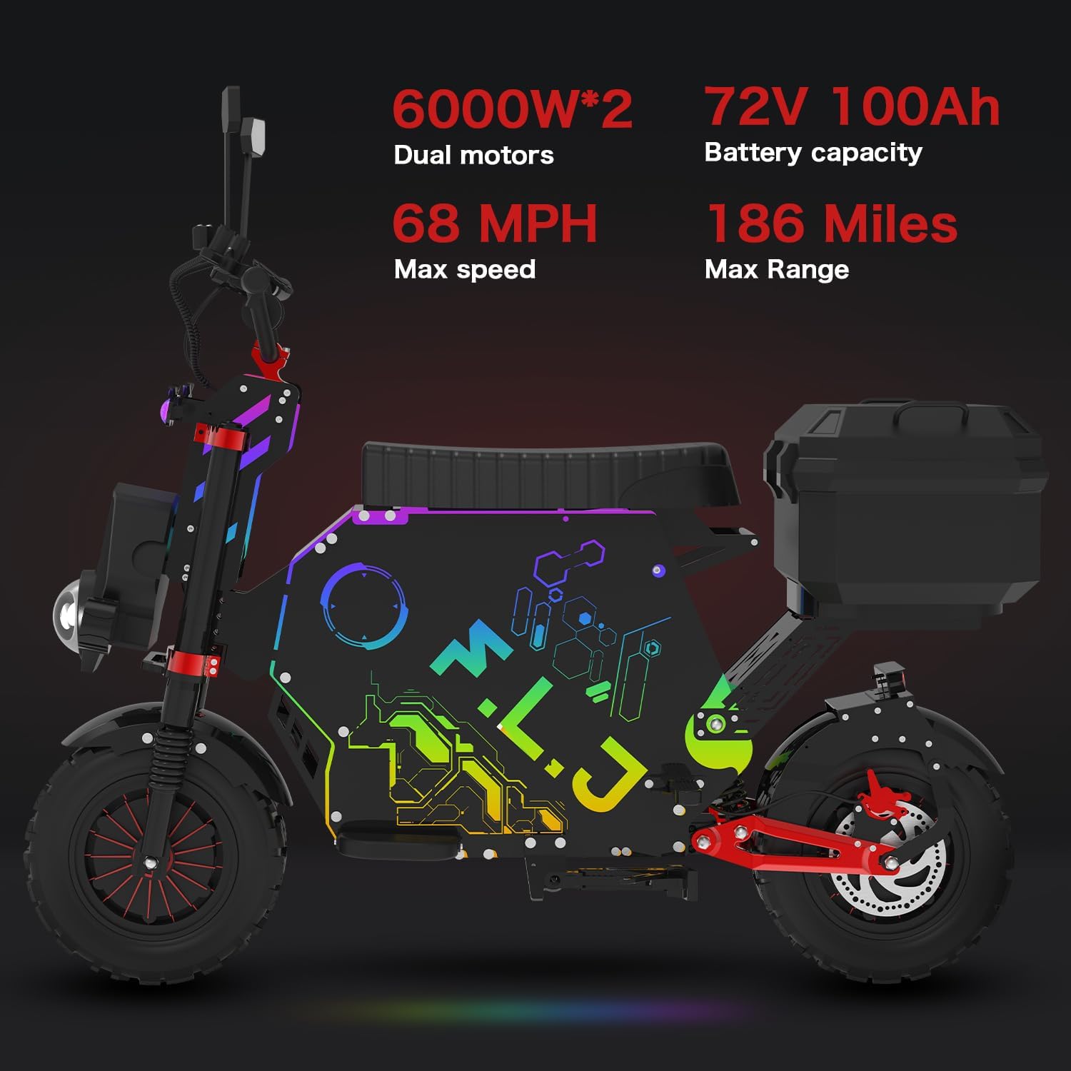 Electric Motorcycle for Adults, 12000W Dual Motor 72V100Ah Long Range Battery, Up to 75 MPH & 186 Miles Range, 14
