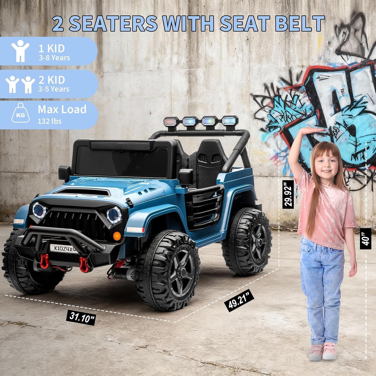 24V Ride on Toys for Kids, 2 Seater Ride on with Remote Control, Ride on Truck with 4-Wheeler Suspension, 3 Speeds, Safety Belt, Led Lights, Bluetooth Music Player, Gift for Boys & Girls, Blue