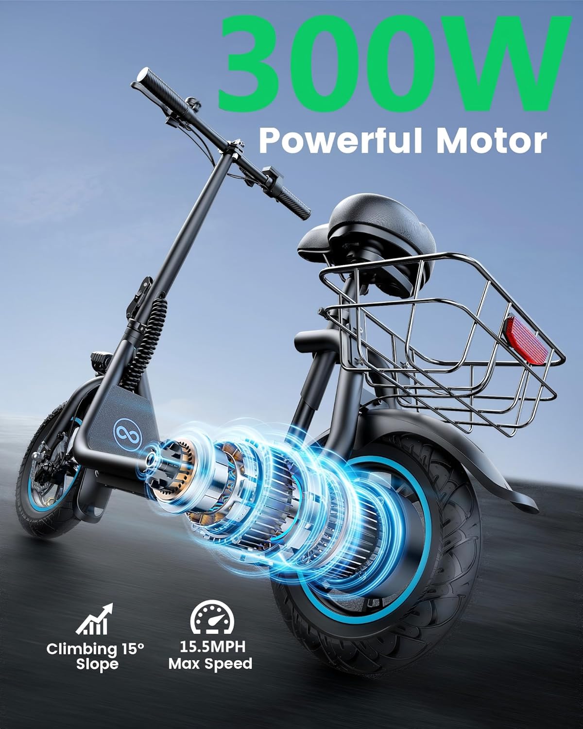 C1 Electric Scooter with Seat for Adults, 300W Motor, 20-Mile Range, 15.5 MPH, Foldable Commuter E-Scooter with Basket for Grocery, Pets, and Daily Commute– Carbon Black