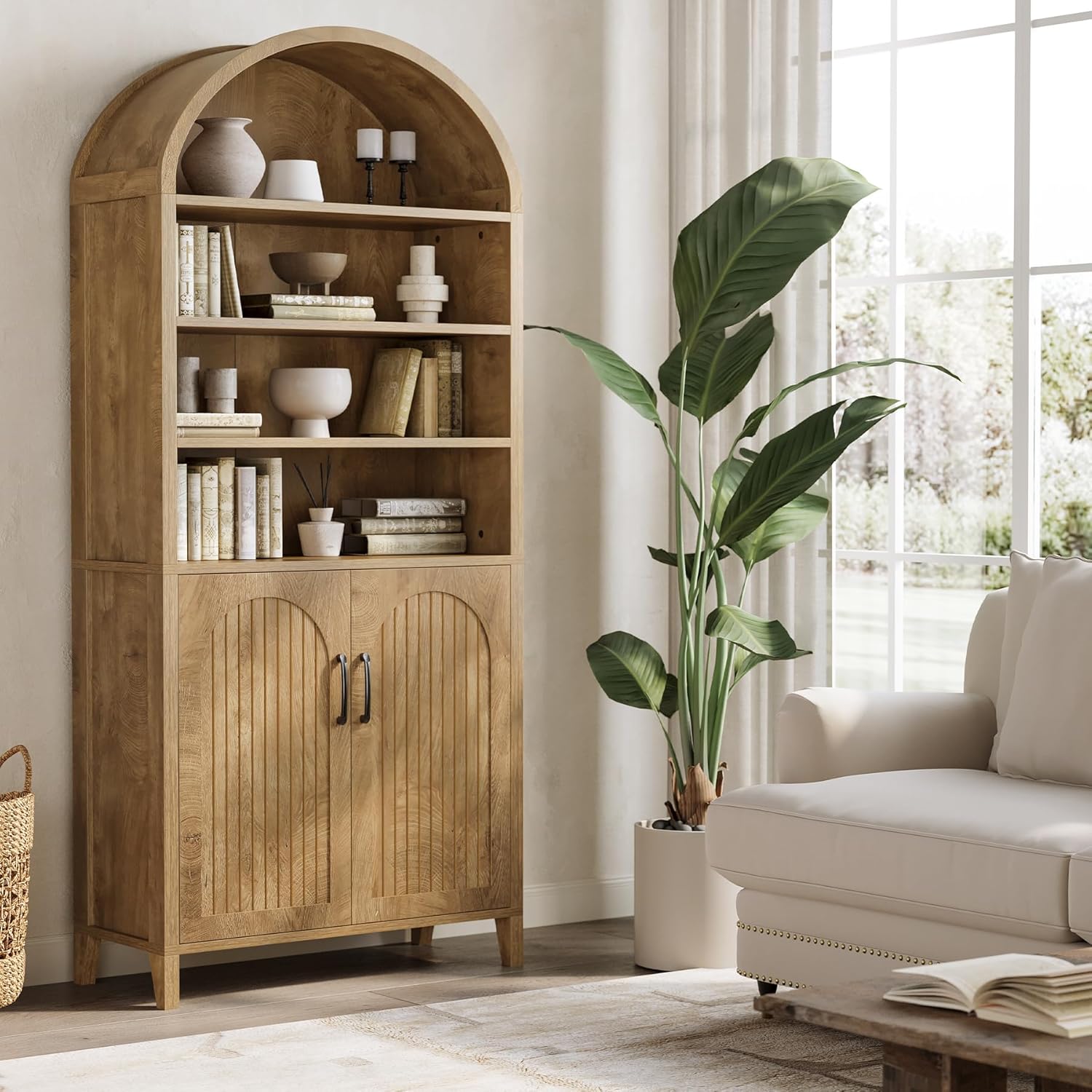 LITTLE TREE 70.9 Inches Tall Arched Bookcase, 8-Tier Bookshelf with Doors & Adjustable Shelves, Farmhouse Big Bookcase for Living Room, Large Vertical Storage Cabinet for Home Office, Oak Color