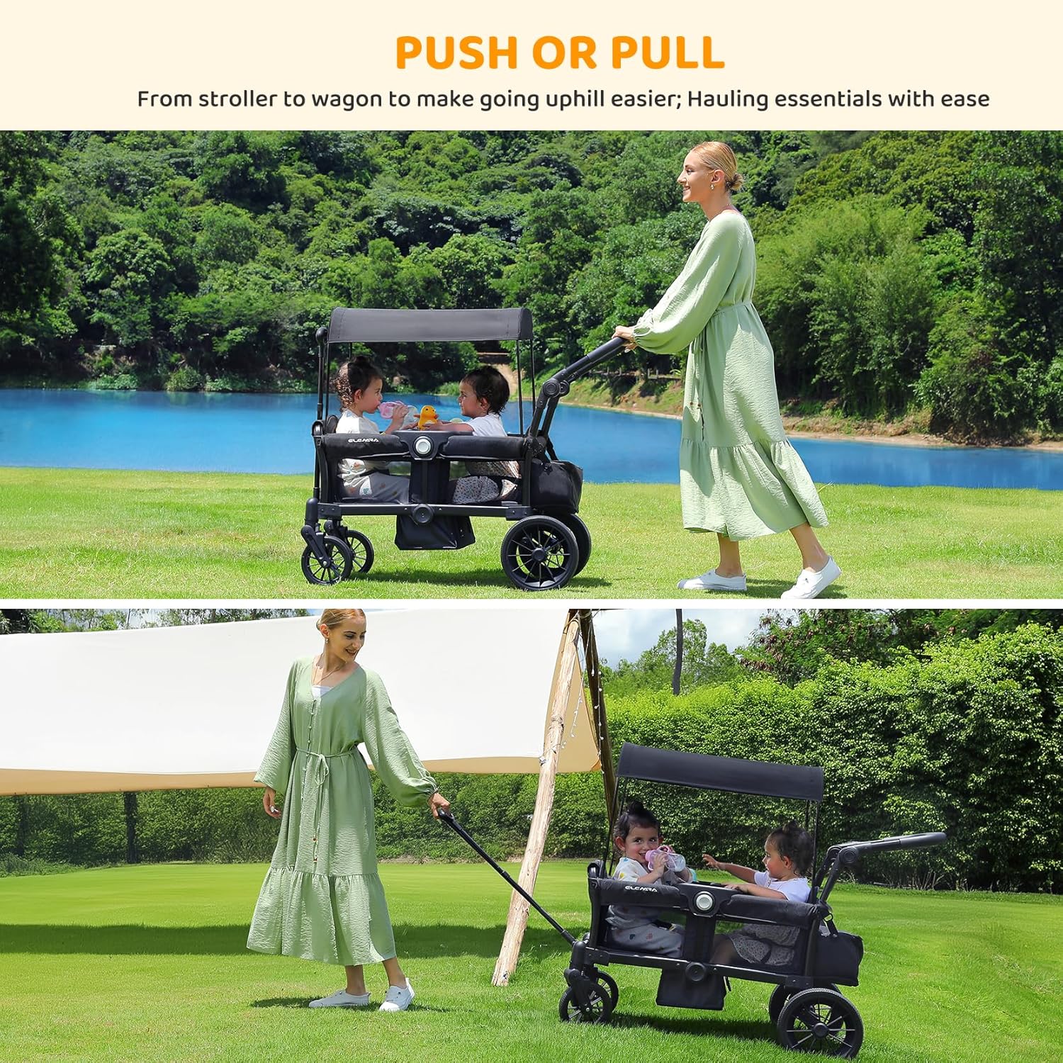 ELEMARA Foldable Wagon Stroller, Stroller Wagon for 2 Kids, Premium All Terrain Wagon for Kids with Removable Canopy, Adjustable Push/Pull Handle, Harnesses, Large Storage Bag