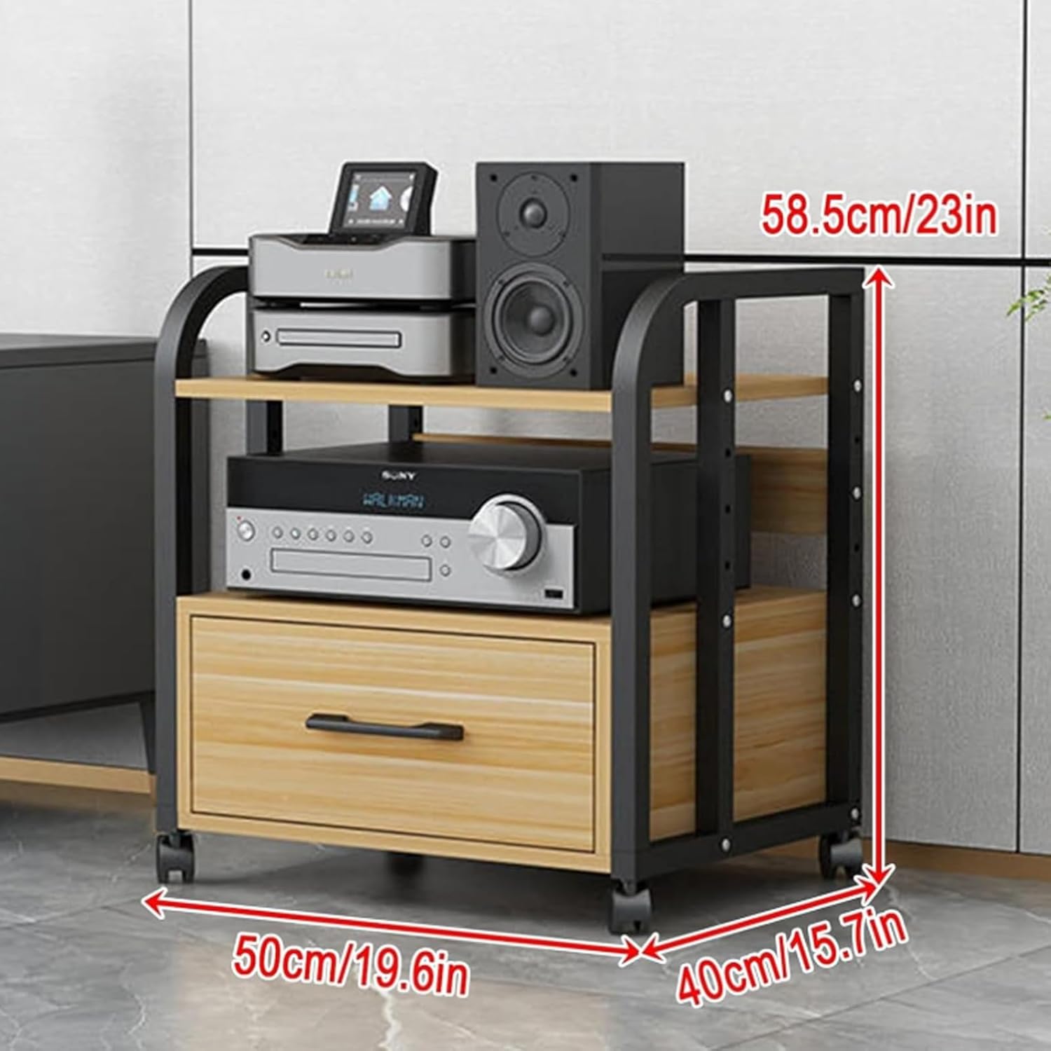 LYXWGRZD Media Stand 2/3/4 Tier Stereo Rack Audio Equipment Rack Audio Open Racks Media Storage Cabinet Wooden with Drawer AV Stand for Home Office Etc(Teak