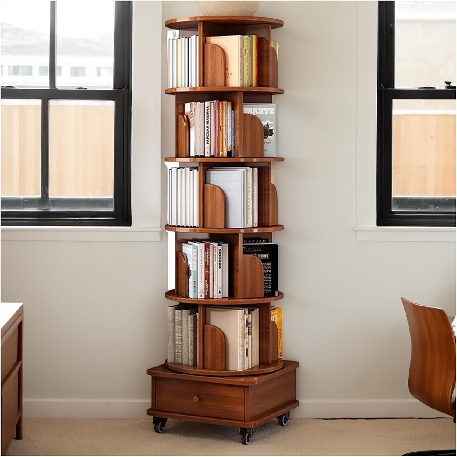 BSKJMMP 6-Tier Book Shelf Rotating 360 Display Corner Revolving Bookshelf Tower Spinning Bookcase with Storage Drawer for Small Space Walnut