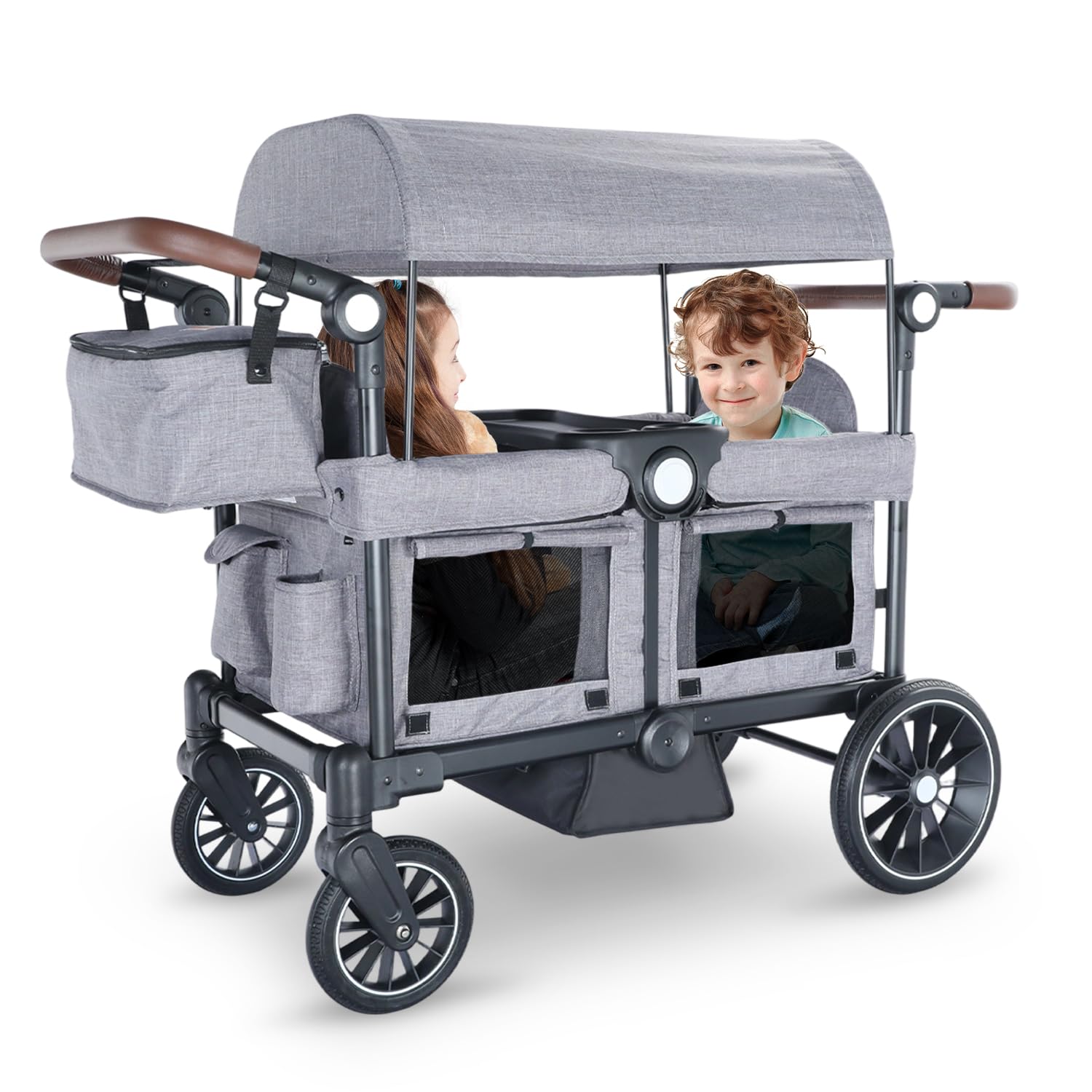 Kinder King Folding Wagon Stroller for 2 Kids, All-Terrain Baby Stroller Wagon Outdoor, Removable Canopy 2 Seater, Adjustable Handle, Shock-Absorbing Wheel, Detachable Tray, Parent Organizer, Gray