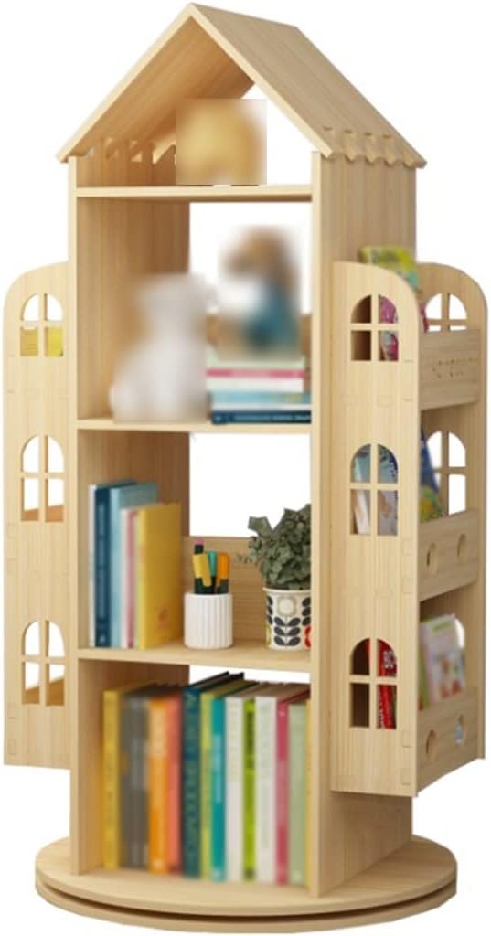 Bookshelf for Bedroom Homefloor-mountedrotary Book Rack, Creative Hollow House Shape Picture Book Storage Bookcase, Stable and Easy to Install Display Stand (Color : Primary Color, Size : 116 * 59cm)