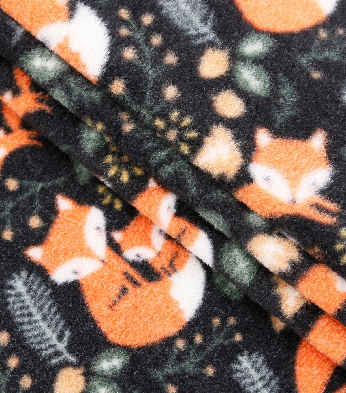 Sweet Foxes on Black Anti Pill Fleece Fabric
