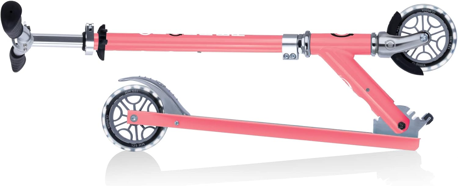 GLOBBER Flow Element Lights 2 Wheel Aluminium Scooter with Luminous Wheels for Kids and Teens (5 Years Old) - Coral Pink
