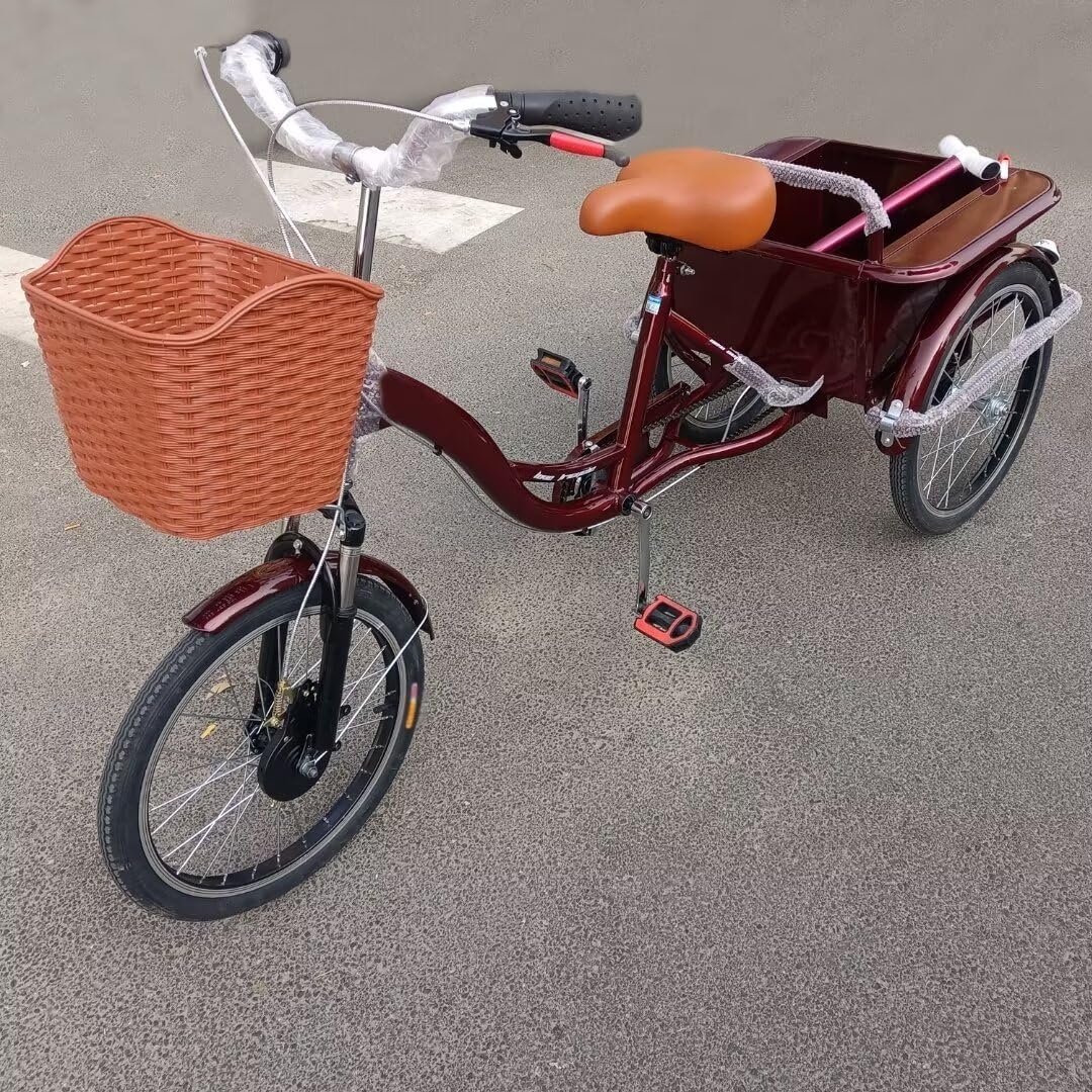 20inch 3 Wheels Bicycle,Rickshaw Pedal Tricycle with Back Cabin,Cargo trikes,Front and Rear Dual Brakes,Shock Absorber Front Fork,Pneumatic tire Spoke Wheels (Wine Red 20 in)