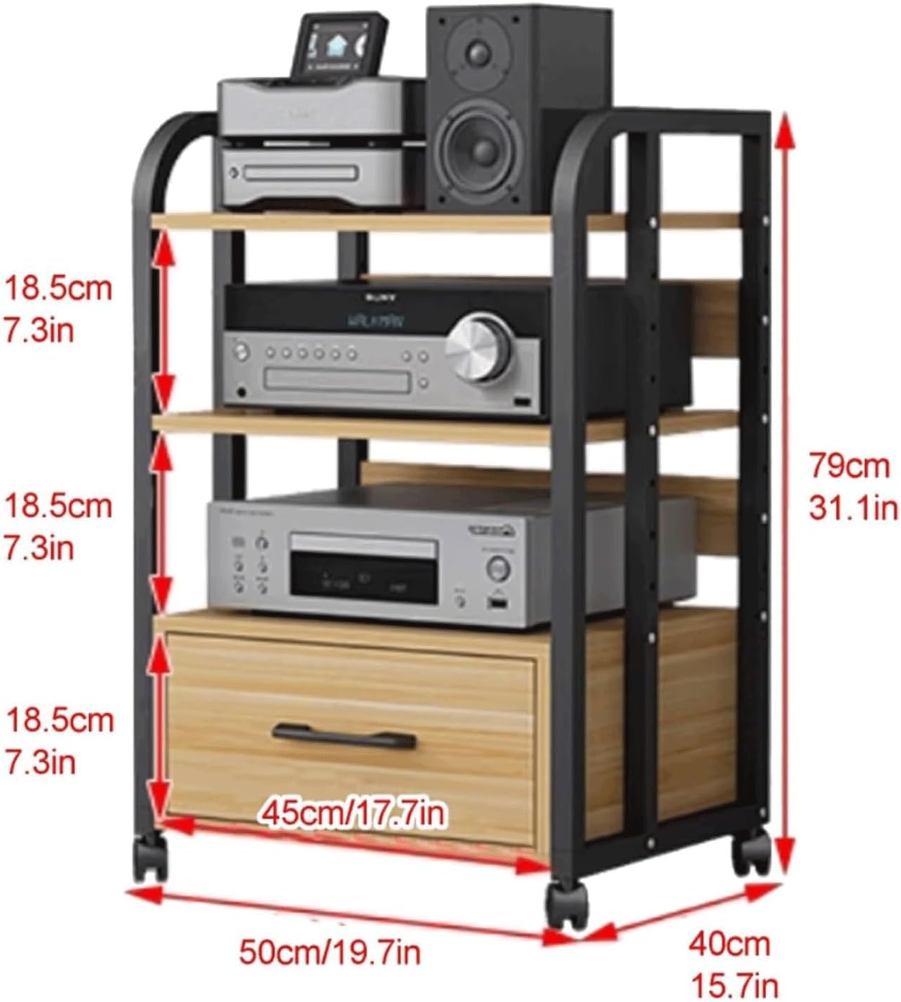 PZEOB Wood Stereo Stands AV Media Stand with Drawer Audio Rack Tower with Adjustable Shelves Audio-Video Shelving 2/3/4 Tier Stereo Rack(Natural