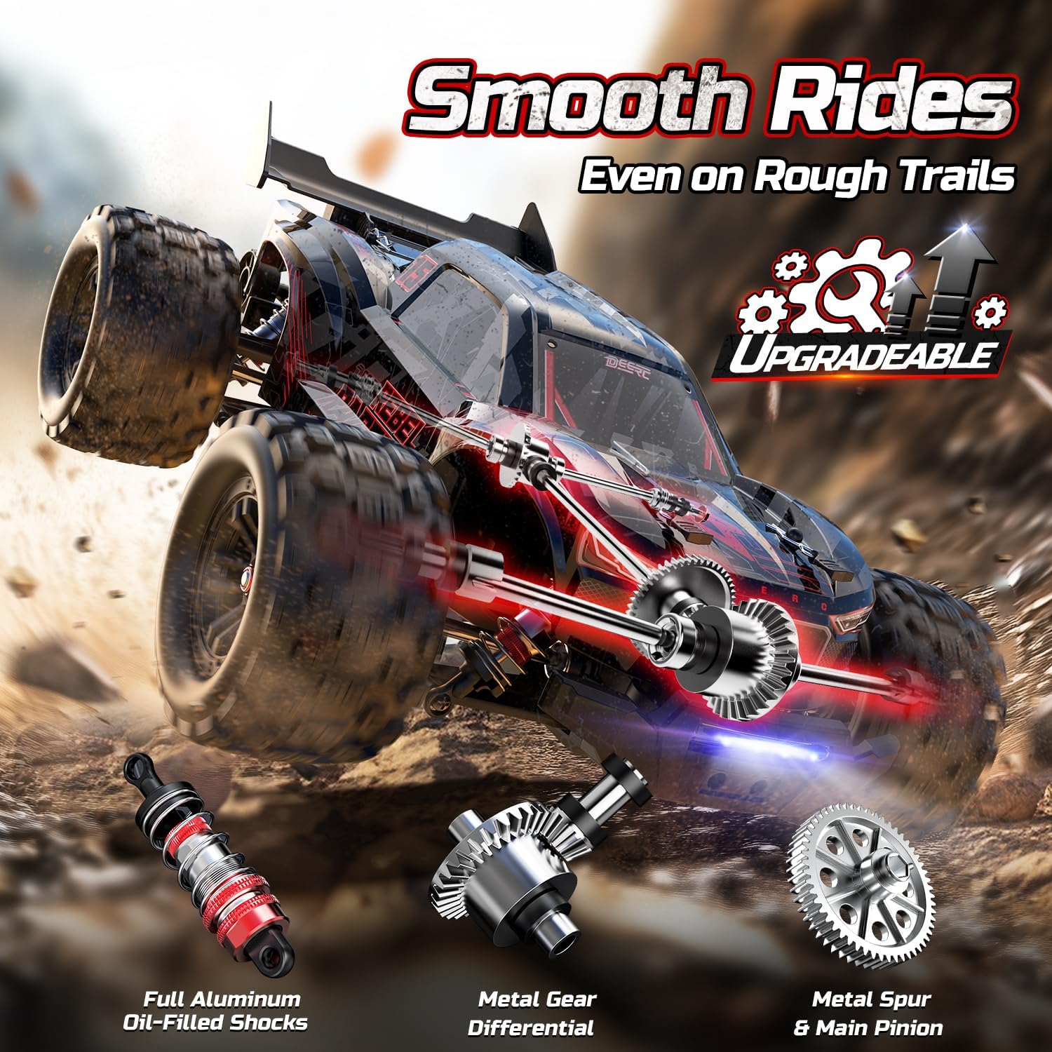 DEERC Fast RC Car for Adults, 1/14 Brushless 4WD Off-Road RC Truck, 46+ MPH High Speed Waterproof All Terrain RC Truggy with 2×3S LiPo Batteries