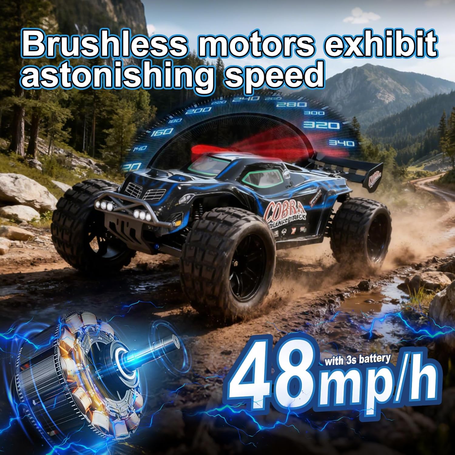 1/8 High Speed RC Cars for Adults, 4WD Off-Road Electric Truggy with 3S 5000mAh LiPo Battery & 3660 Brushless Motor, RTR RC Truck Hobby with LED Lights for All Terrain