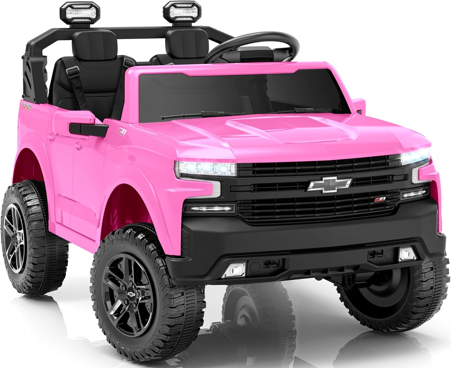 First Ride On 24V Ride on Toys for Big Kids, 2 Seater Licensed Chevrolet Silverado Ride on Car, Electric Car for Kids with Parent Remote Control, Bluetooth, LED Lights and Seat Belts (Pink)