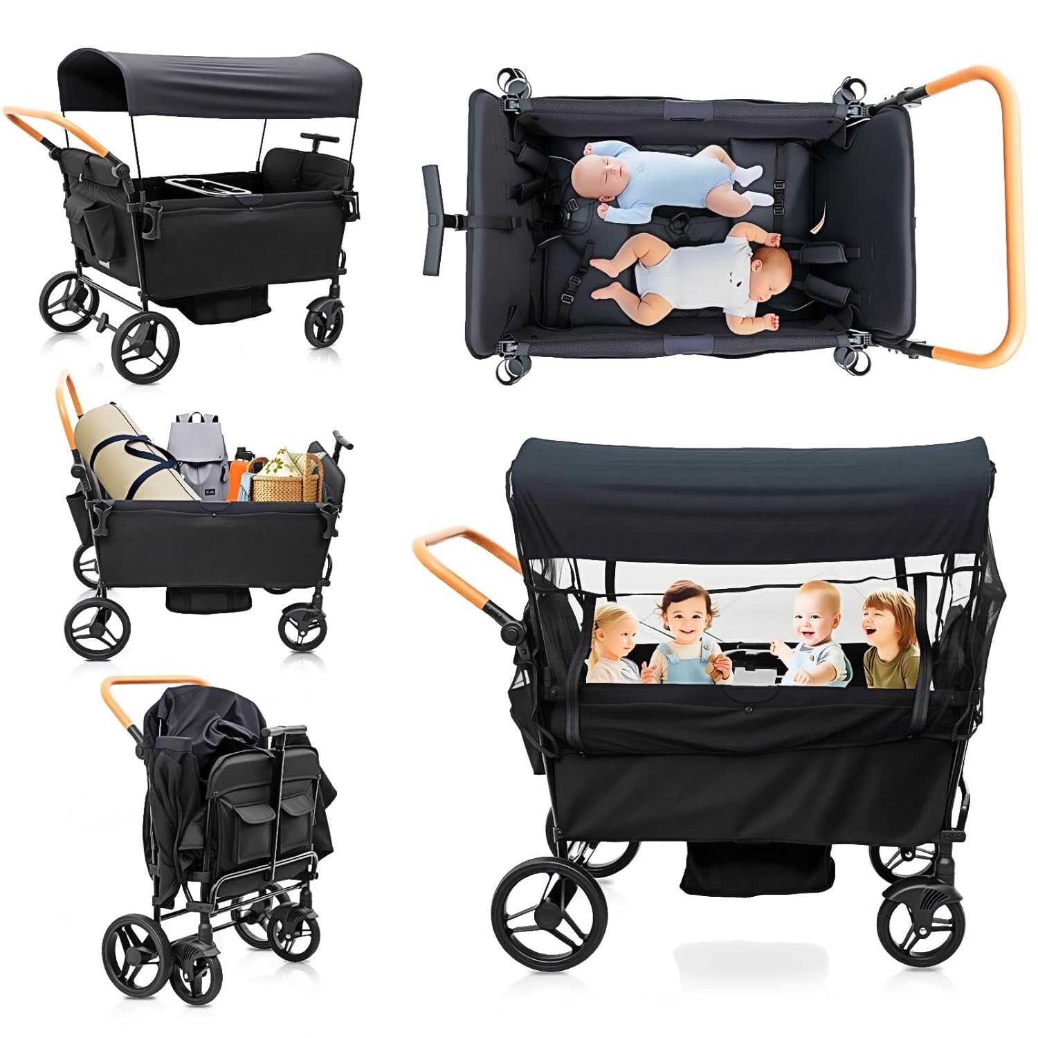 Stroller Wagon for 4 Kids Seated-Tandem Fold Stroller Push-Pull Lightweight Travel Trolley with 5-Point Harness,Adjustable Handle and Canopy,Mosquito Net,Footwells,Child Tray,Cup Holder,Storage