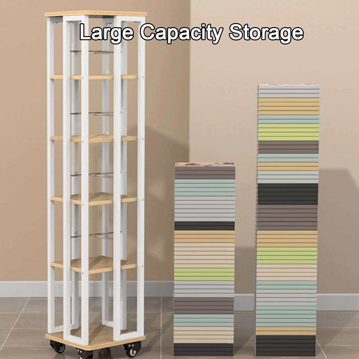 ZLGONRL Moveable Bookshelf On Wheels Kids Bookshelf Metal Rotating Bookshelf Display Revolving Bookcase Vertical Bookshelf (Three White)