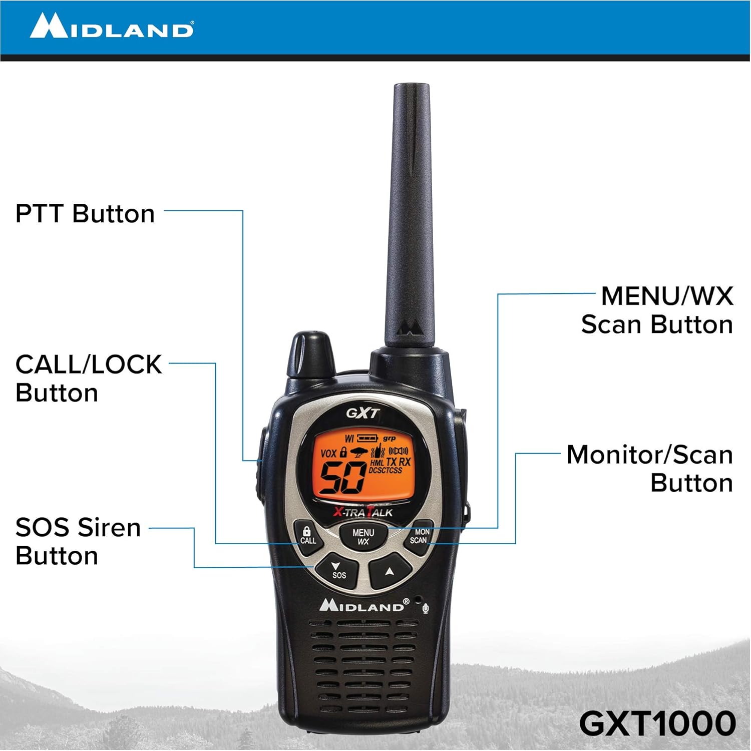 Midland GXT1000 GMRS Walkie Talkie - Long Range Two Way Radio with NOAA Weather Scan + Alert