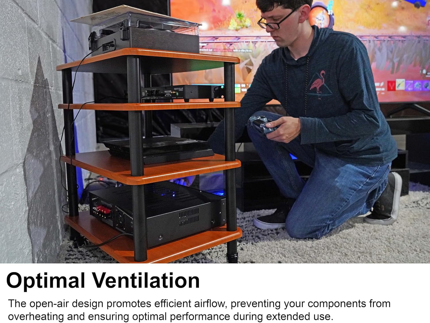 Rockville FLX Classic Wood 4-Shelf Adjustable Home Theater A/V Rack Stand + Add-On Shelf Bundle (2 Items)