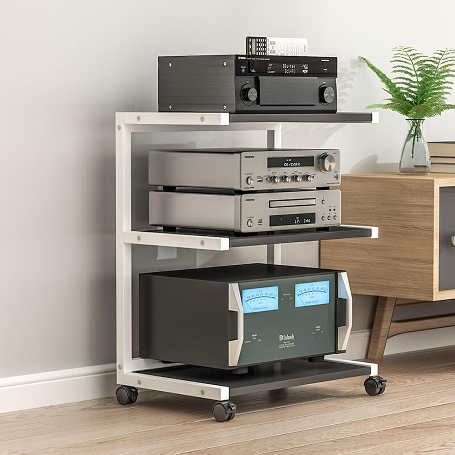 Movable AV Media Stand CD Player Stand Stereo Component Cabinet Audio Tower Multi-Functional Storage Rack with 3 Tier Wooden Shelf for Home/Office/Theater
