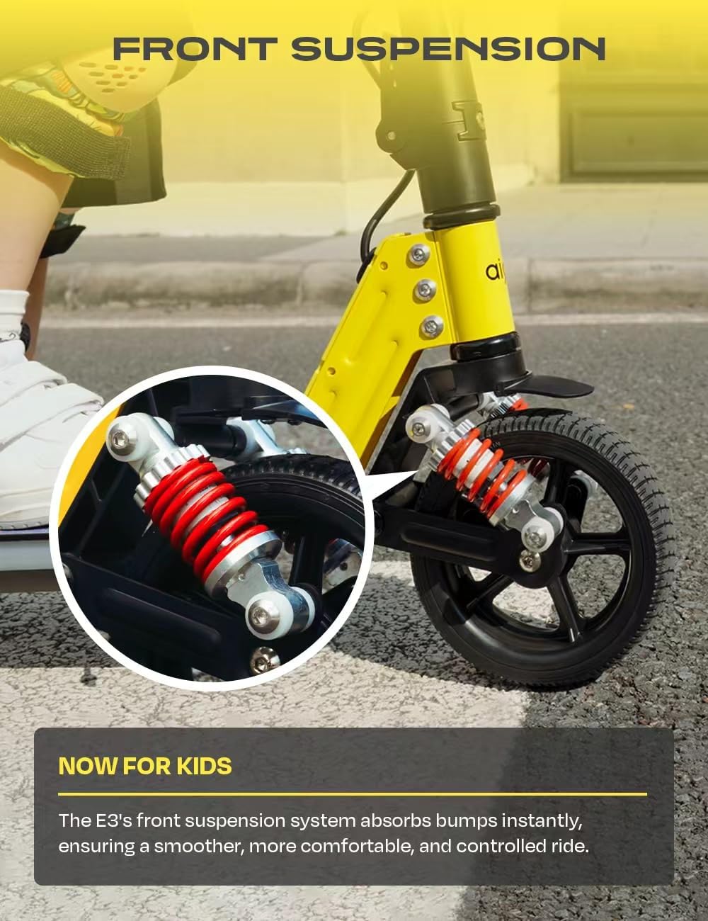 aigo E3 Kids Electric Scooter - Front Suspension, Max 3-5 Miles Long Range, Powerful 130W Motor, Multi-Color RGB Light Deck and Rainbow Headlight, 154lbs Weight Safety Tested to UL 2272