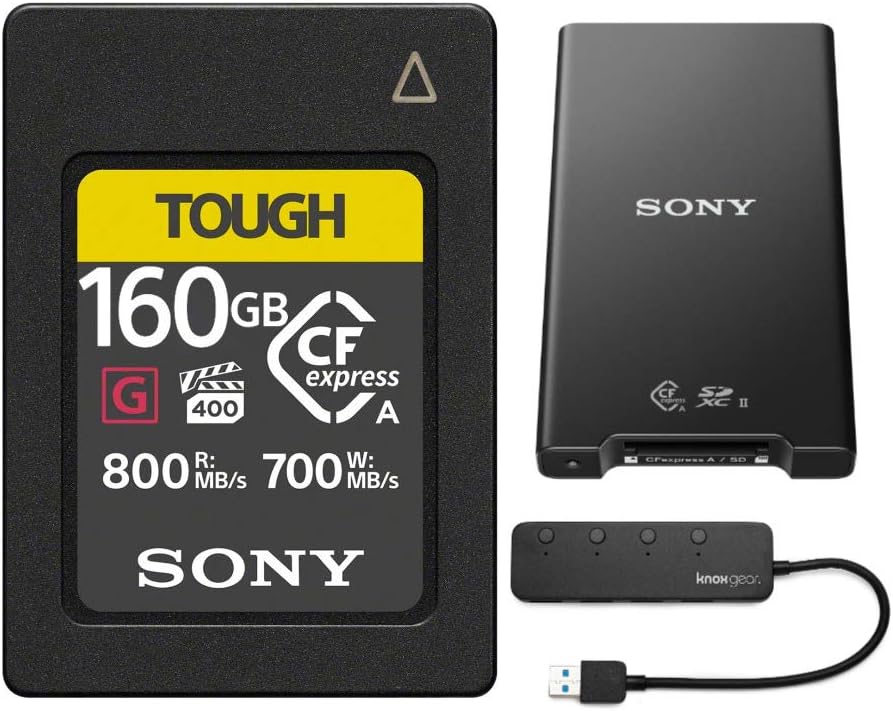 Sony CFexpress Type A 160GB Memory Card with Sony MRWG2 CFexpress Type A/SD Memory Card Reader and Knox Gear 4 Port USB 3.0 Hub Bundle (3 Items)